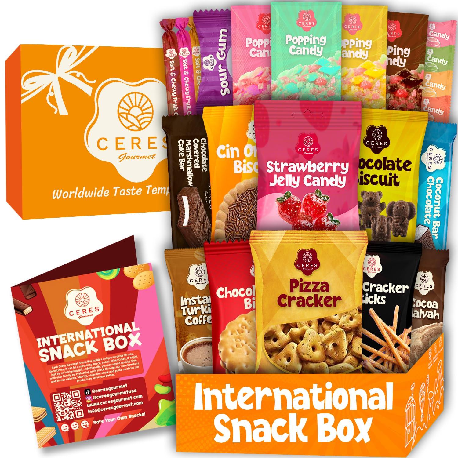 Ceres Gourmet International Snack Box Variety Pack, 12 Different Snacks with 15+ Pieces Count Premium Foreign Rare Snacks and Candies, Sweet & Sour Candy Pack for Christmas Thanksgiving or More
