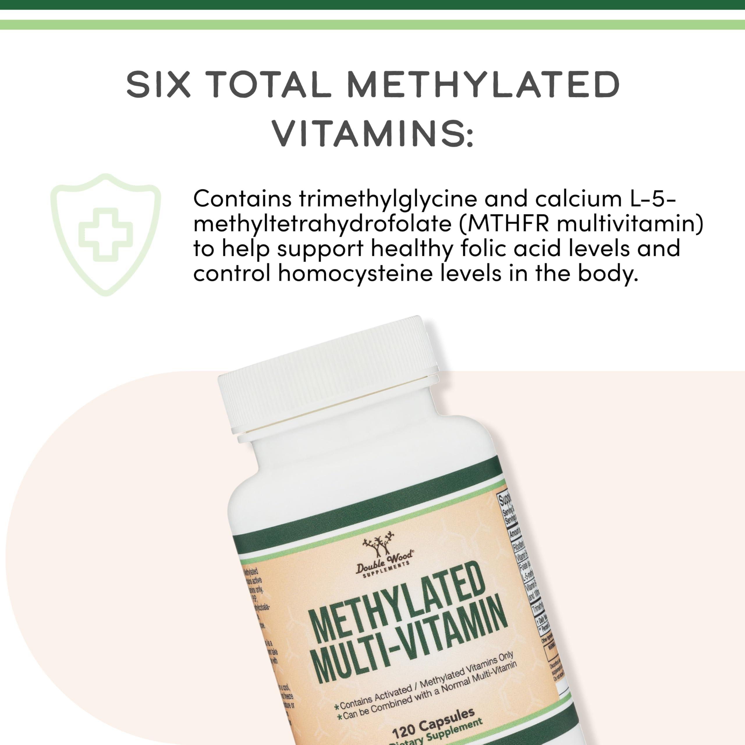 Double Wood Supplements Methylated Multivitamin (Methylated and Activated Vitamins Only - B Complex with Trimethylglycine (TMG) and Methylfolate)(Non-GMO, Gluten Free MTHFR Supplement) 120 Capsules by Double Wood