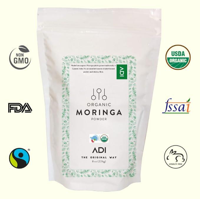 ADI ADI Organic Moringa Powder 8oz, Pure Moringa Superfood for Immune Support, Moringa Tea, Made from Organic Moringa Leaves, USDA Certified