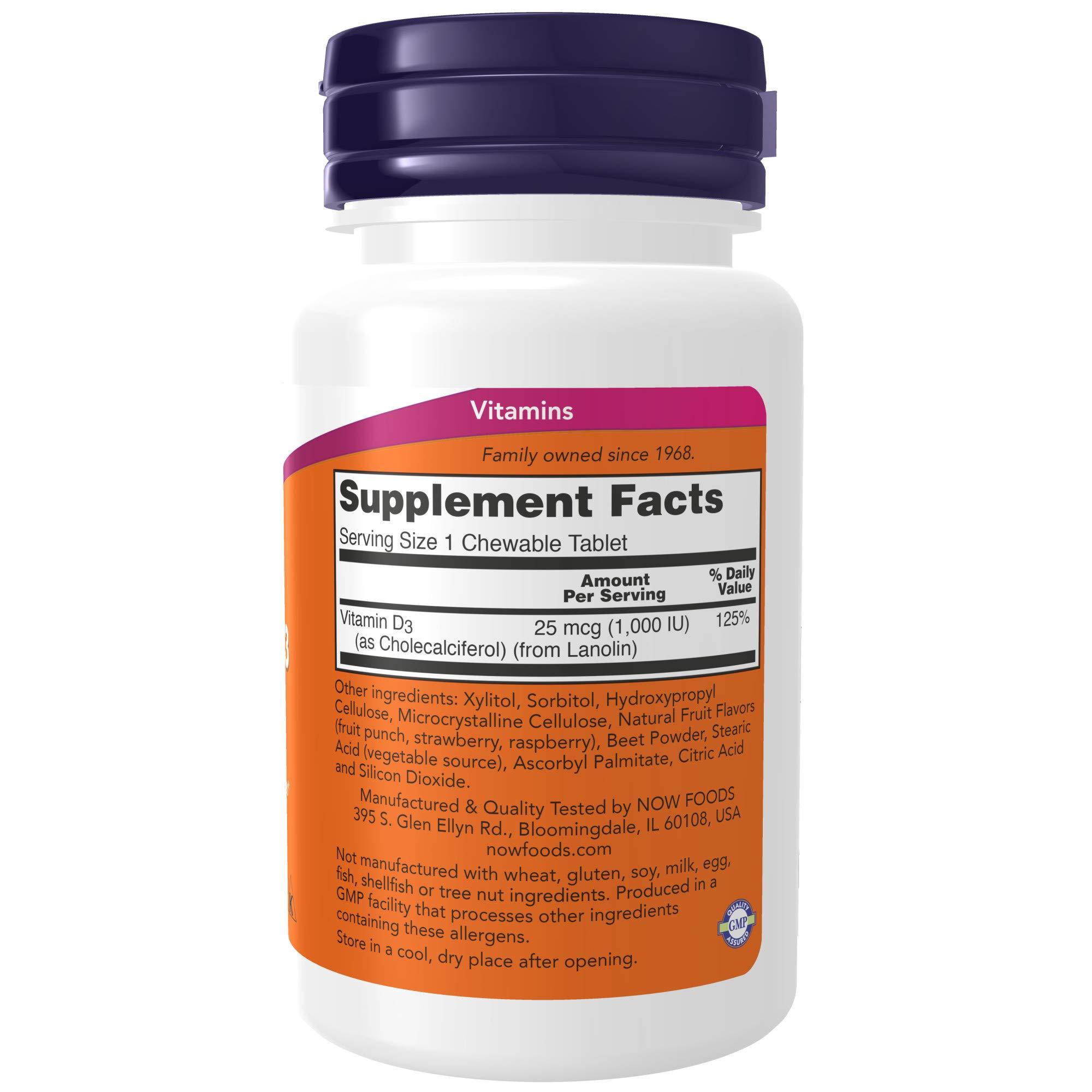 NOW NOW Supplements, Vitamin D-3 1,000 IU, Natural Fruit Flavor, Structural Support*, 180 Chewables (Pack of 2)