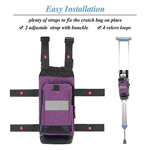 PACMAXI Crutch Bag Lightweight Crutch Accessories Storage Pouch with Reflective Strap and Front Zipper Pocket for Universal Crutch Bag to Keep Item Safety (Purple)