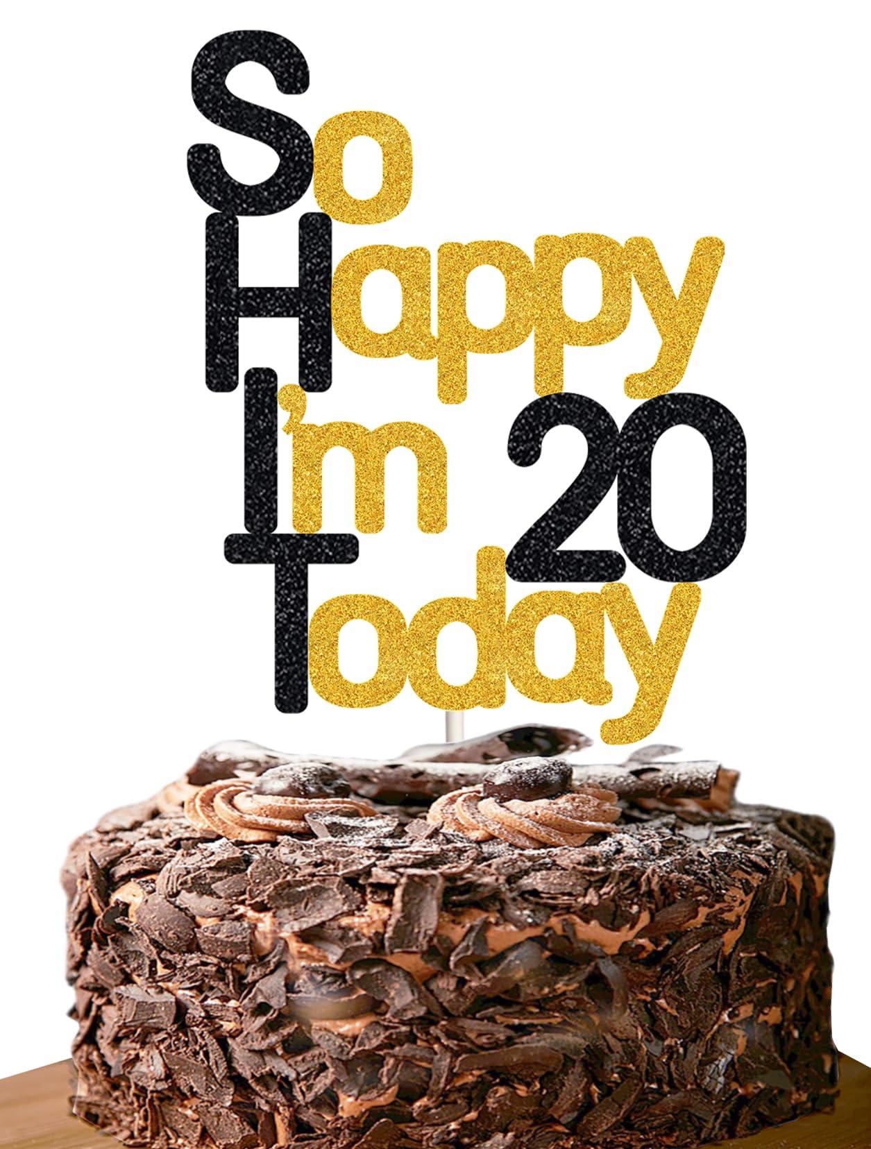 veegood So Happy I\'m 20 Today!20 Birthday Cake Toppers-Black Glitter, Funny 20th Cake Topper for Men,Twenty Cake Topper For Women, 20th birthday decorations