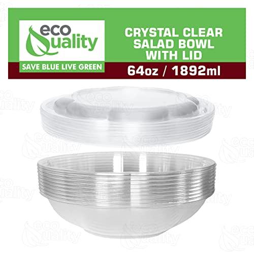 EcoQuality 64oz Salad Bowls To-Go with Lids - Crystal Clear Plastic Disposable Wide Salad Containers | Airtight, Lunch, Salads, Parfait, Fruits, Leak Proof, Airtight, Fresh, Meal Prep | Rose Bowl Container (75)