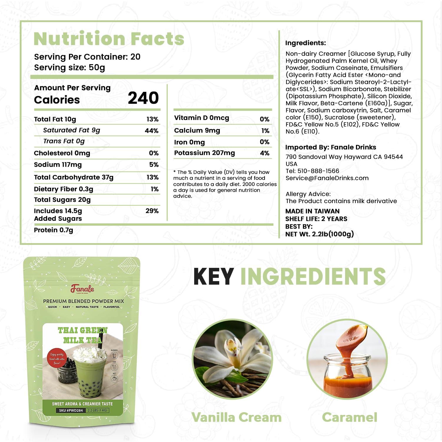 Fanale Fanale Premium Thai Green Bubble Tea Flavoring Powder for Boba Tea| Perfect for Baking, Smoothies, Desserts and Drinks | Instant Boba Bubble Tea Powder for Milk Tea - 2.2 Pounds (Pack of 20)