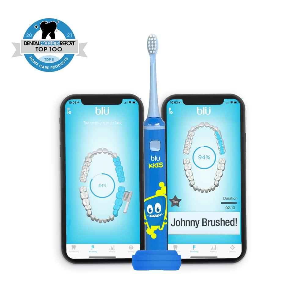 Blu Blu Smart Bluetooth Enabled Kids Toothbrush with Live Tracking App to Teach Children Healthy Brushing Habits, Share Results with Your Dentist (Blue). Wireless Rechargeable Electric.
