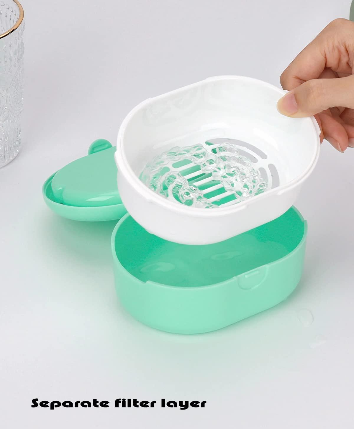 MURRI&MURRDI MURRI&MURRDI Retainer Case, Denture Bath Box with Strainer Basket, Mouth Guard Case, Braces Cleaner Cup, Cute Denture Holder Storage Soak Container for Travel Cleaning (D Green)