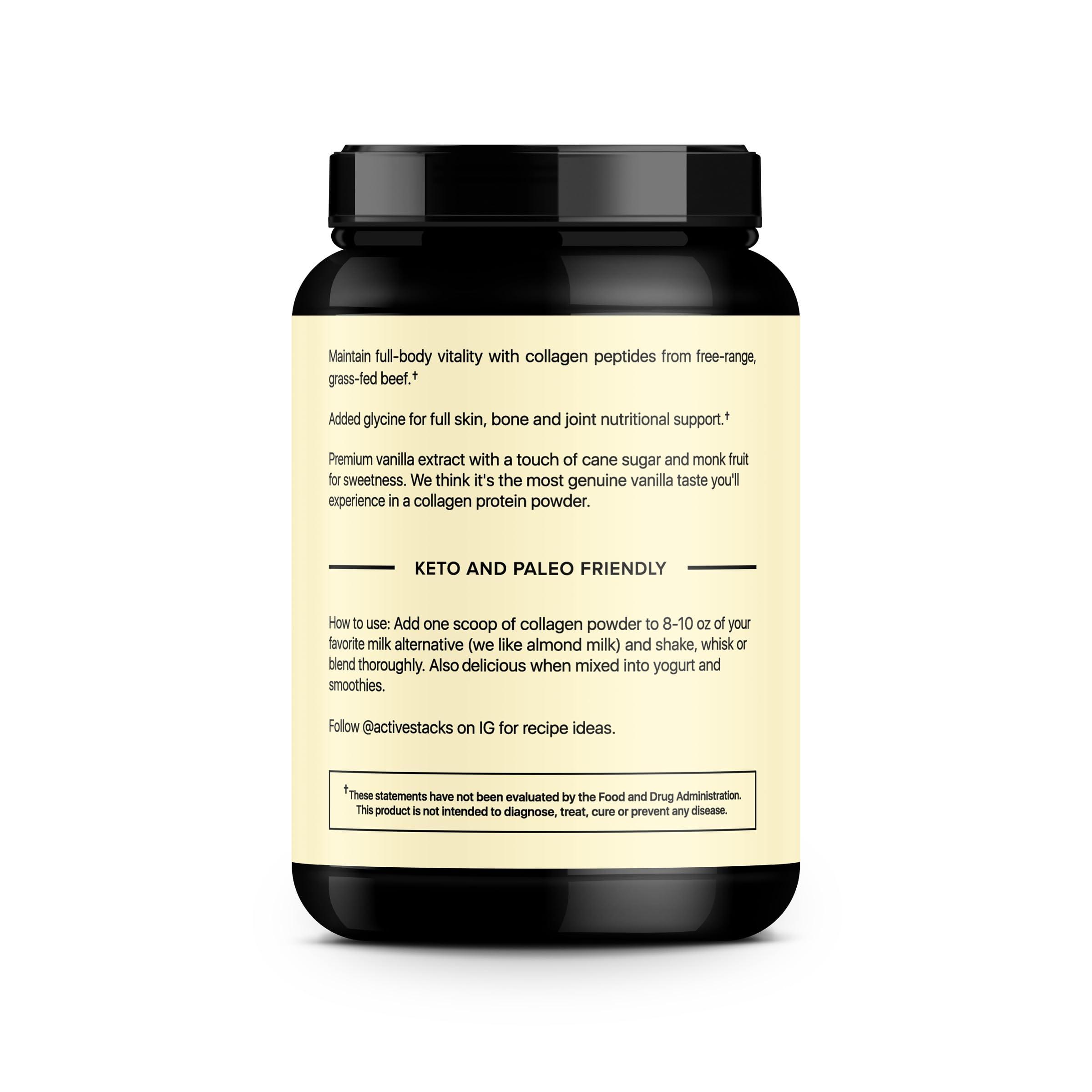 Active Stacks Active Stacks Collagen Peptides Protein Powder, Vanilla - Supports Healthy Hair, Skin, Bones and Joints for Men and Women - Easy-to-Mix Type 1 & 3 Hydrolyzed Collagen from Grass-Fed Beef, 2 Pound