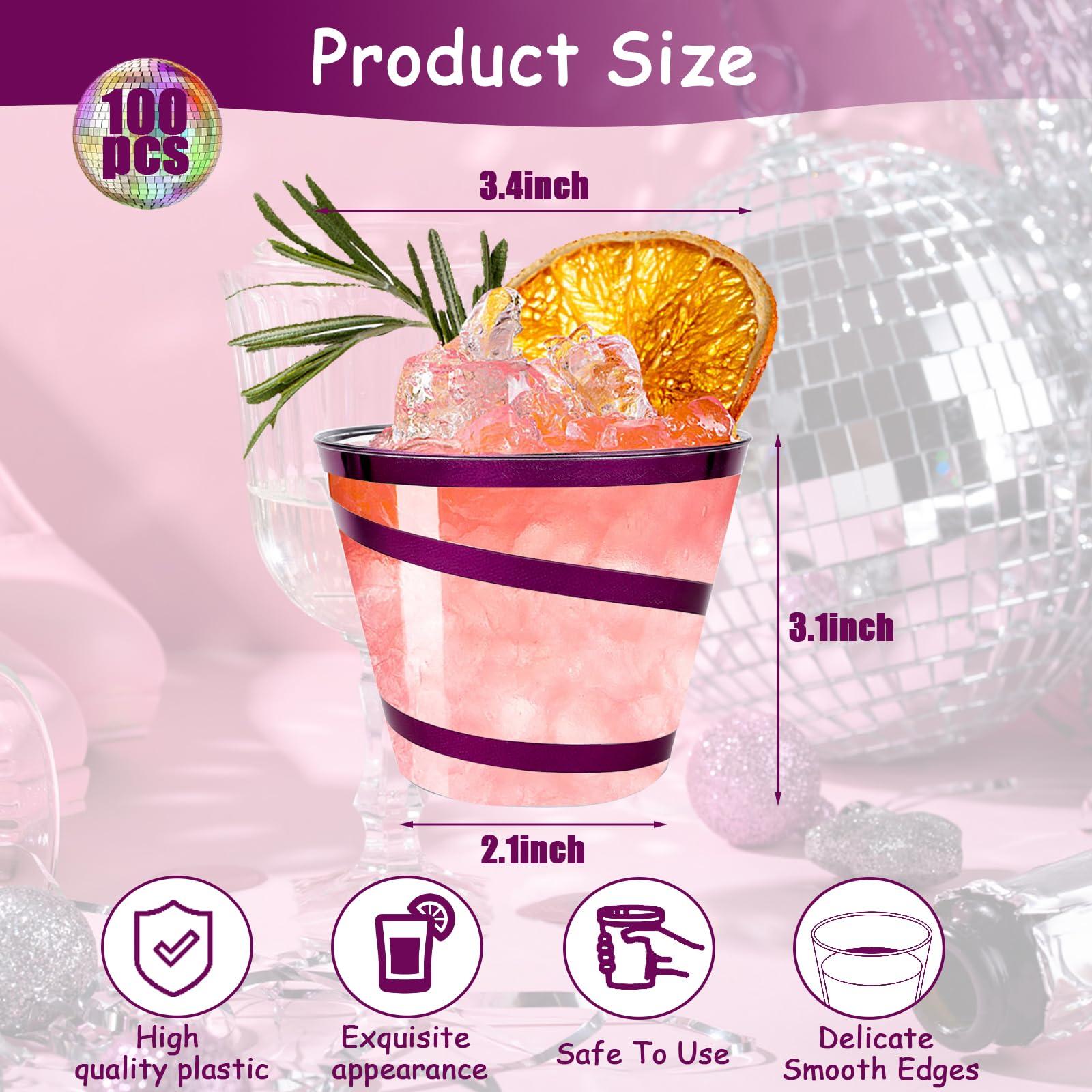 Agolctry 100Pcs 9 oz Rimmed Swirl Purple Plastic Cups Disposable Clear Cups for Halloween Christmas Party Plastic Drinking Cups Cocktail Wine Glasses for Elegant Wedding and Single Party Supplies (Purple)