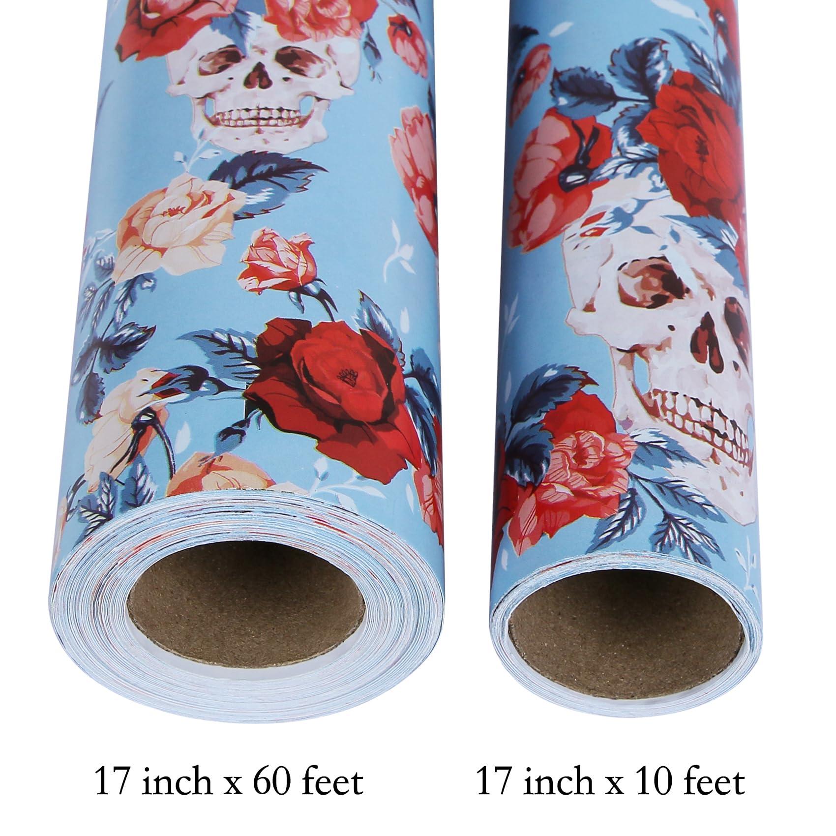 Aimyoo Aimyoo Blue Skull Floral Wrapping Paper Roll 17 in x10ft, Horror Gothic Gift Wrap Paper for Halloween Wedding Bridal Shower