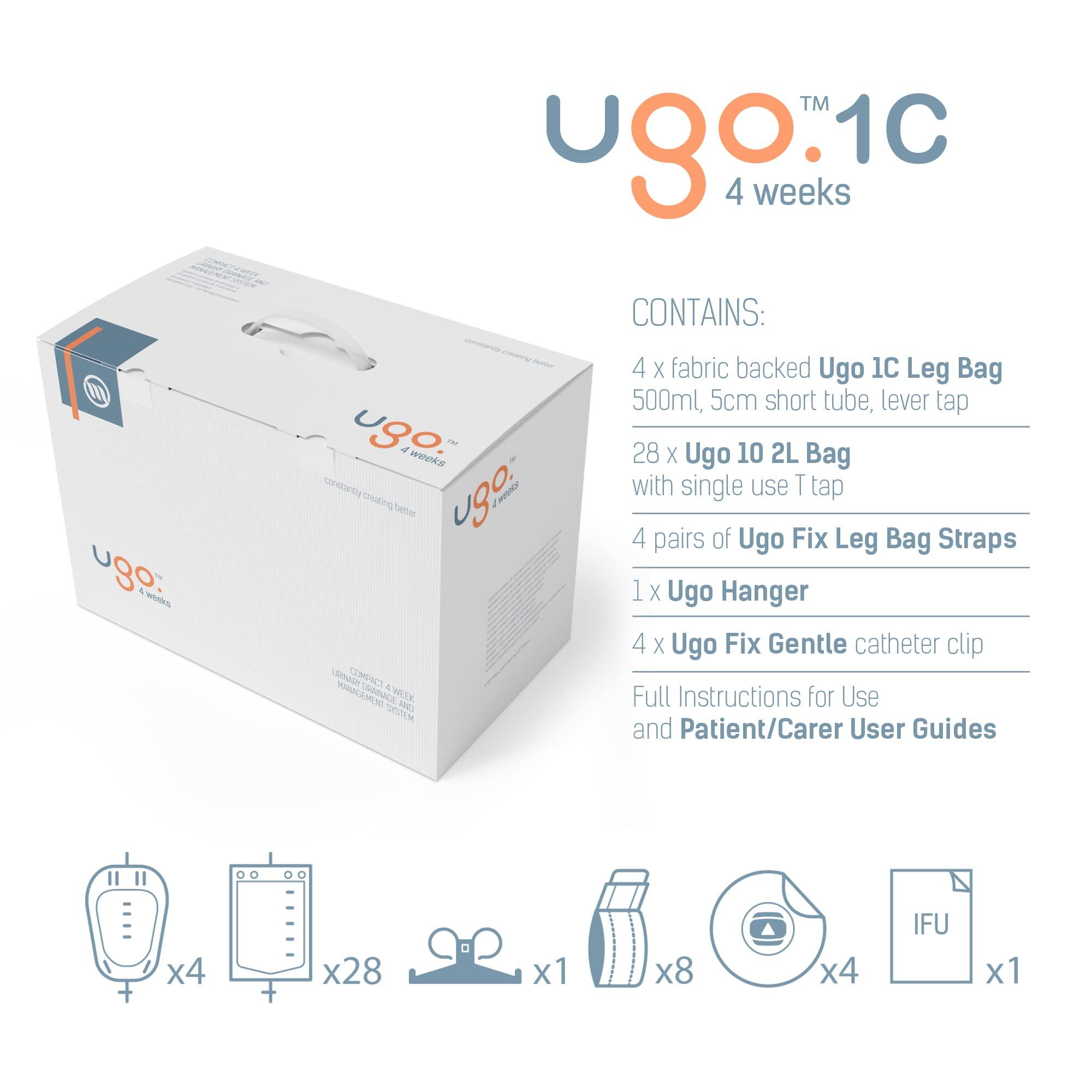 u go Ugo 4 Weeks – 1 Month of Urology Supplies Including 4 Leg Bags, 28 Night Bags, 4 Pairs of Leg Bag Straps, 4 Catheter Clips (Ugo 1C - 500ml, Short Tube, Lever Tap Leg Bags)