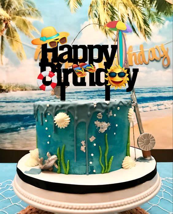 MUJUPOWL Funny Summer Happy Birthday Cake Topper Cartoon Beach Party Theme Happy Birthday Cake Topper for Kid's Adults Seaside Birthday Cake Topper (Beach)