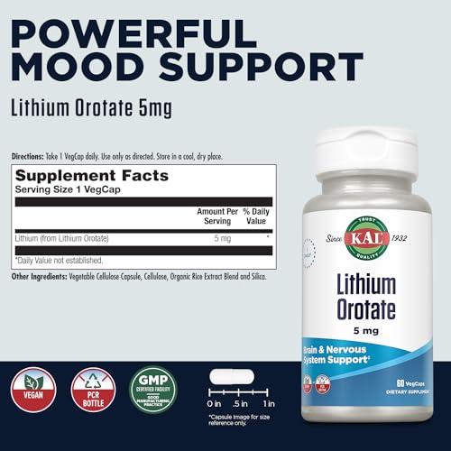 KAL KAL Lithium Orotate 5mg | Low Serving of Chelated Lithium Orotate for Bioavailability & Mood Support | in Organic Rice Bran Extract Base | 60 VegCaps