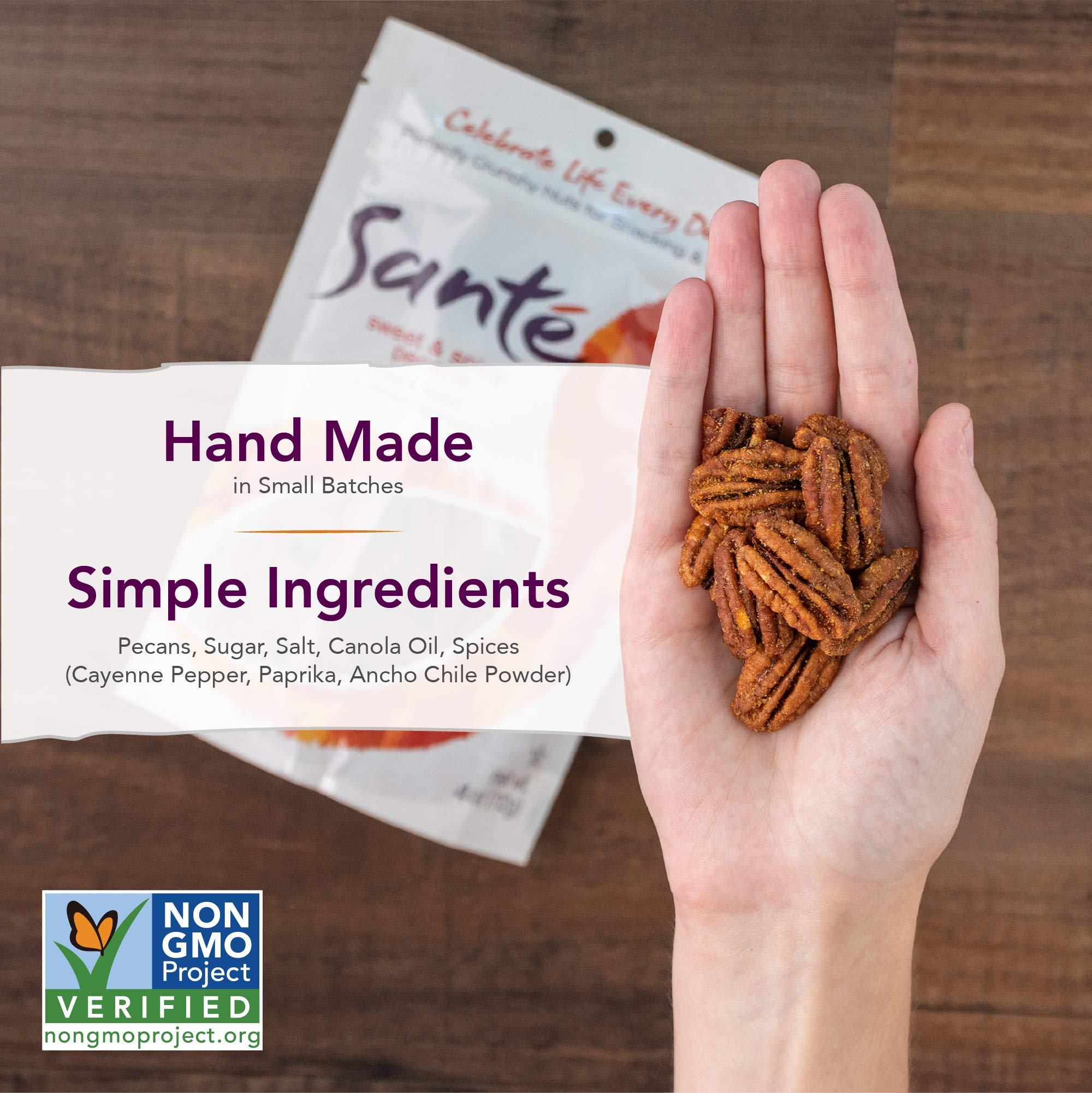 Sante Sante Sweet and Spicy Pecans | Gourmet Seasoned Nuts | All Natural, non-GMO | Gluten Free, Peanut Free | 6 Pack of 4 Ounce Resealable Bags