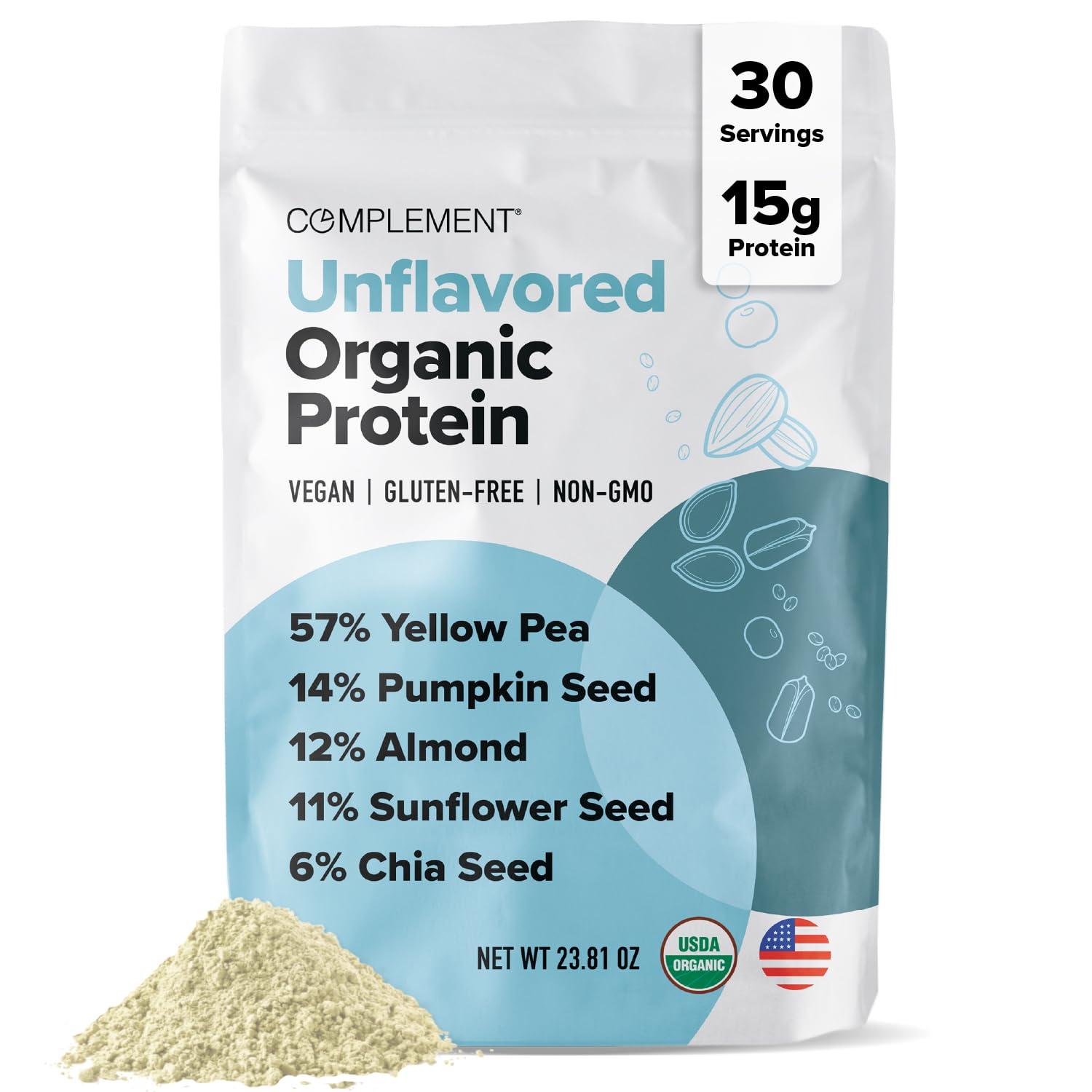 Complement Complement Organic Unflavored Vegan Protein Powder (30 Servings) Low Carb, Low Calorie, Sugar Free, Soy Free, Non-GMO, Gluten Free, Non Dairy- Yellow Pea, Pumpkin Seed- 15g Plant Based Protein Powder