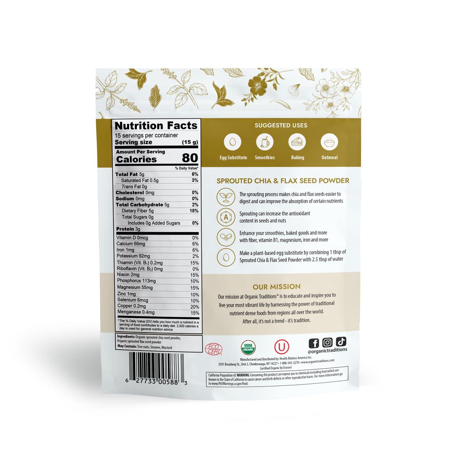 Organic Traditions Organic Traditions Sprouted Chia Seeds and Flax Seed Powder, Non-GMO Superfood, 227g/8oz Bag