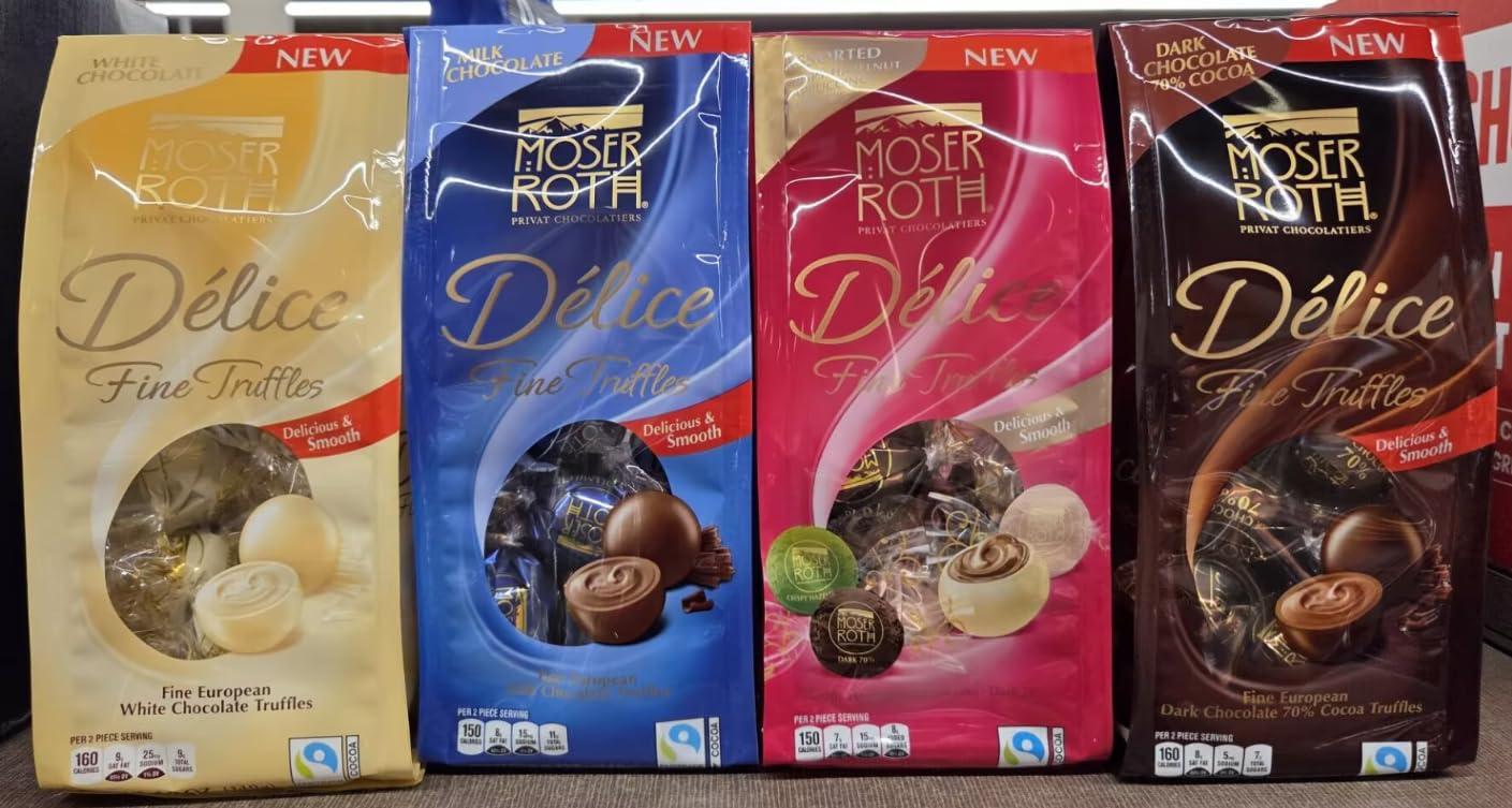 Moser Roth Truffle Generic Private Chocolatiers Moser-Roth Delice Fine Truffles Dark Chocolate 70% Cocoa, Milk Chocolate, White Chocolate, Summer Collection 4.9oz 140g (Four Bags), Full Size