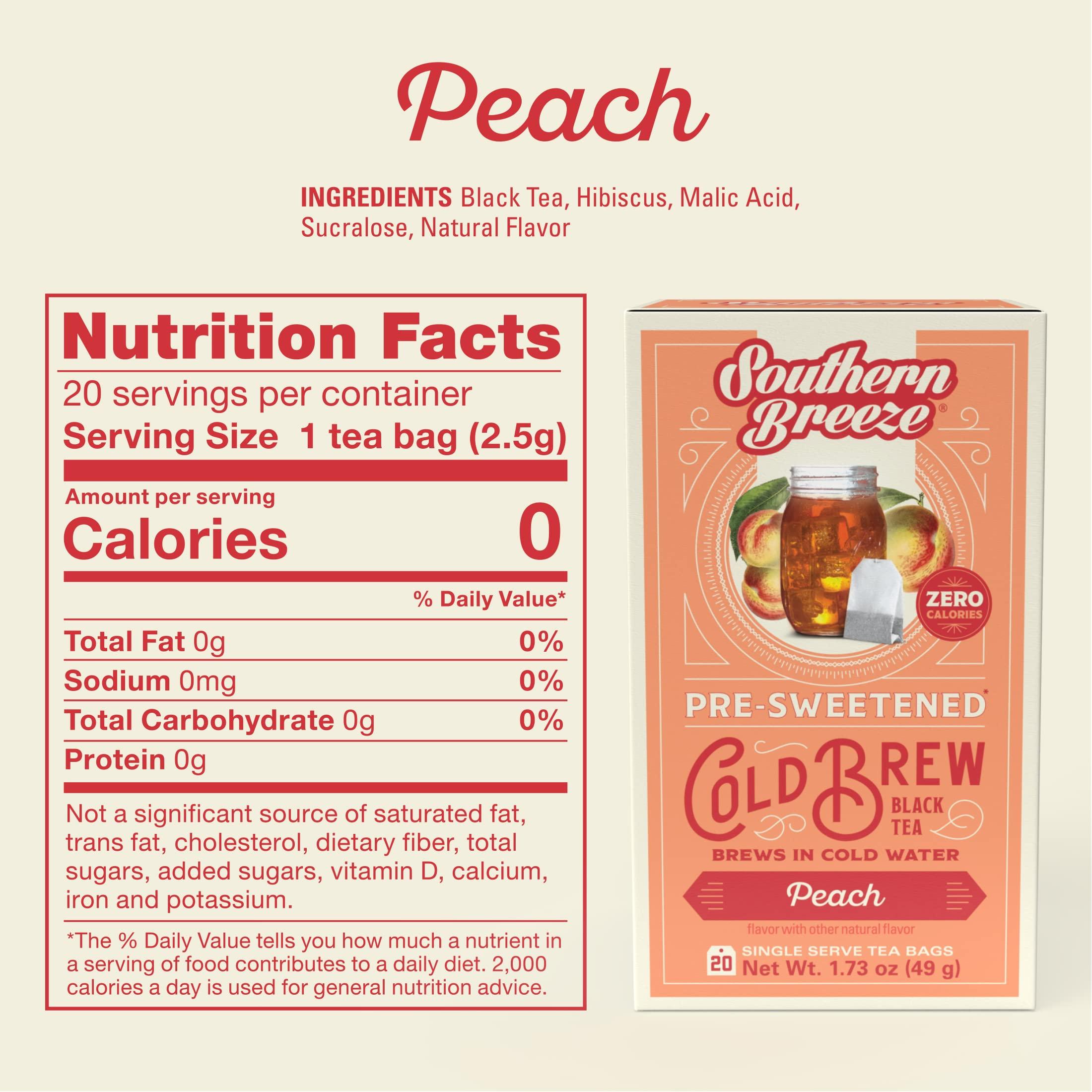 Southern Breeze Southern Breeze Cold Brew Sweet Tea Peach Iced Tea with Black Tea and Zero Carbs Zero Sugar, 20 Individually Wrapped Tea Bags Southern Sweet Tea Iced Tea Beverage