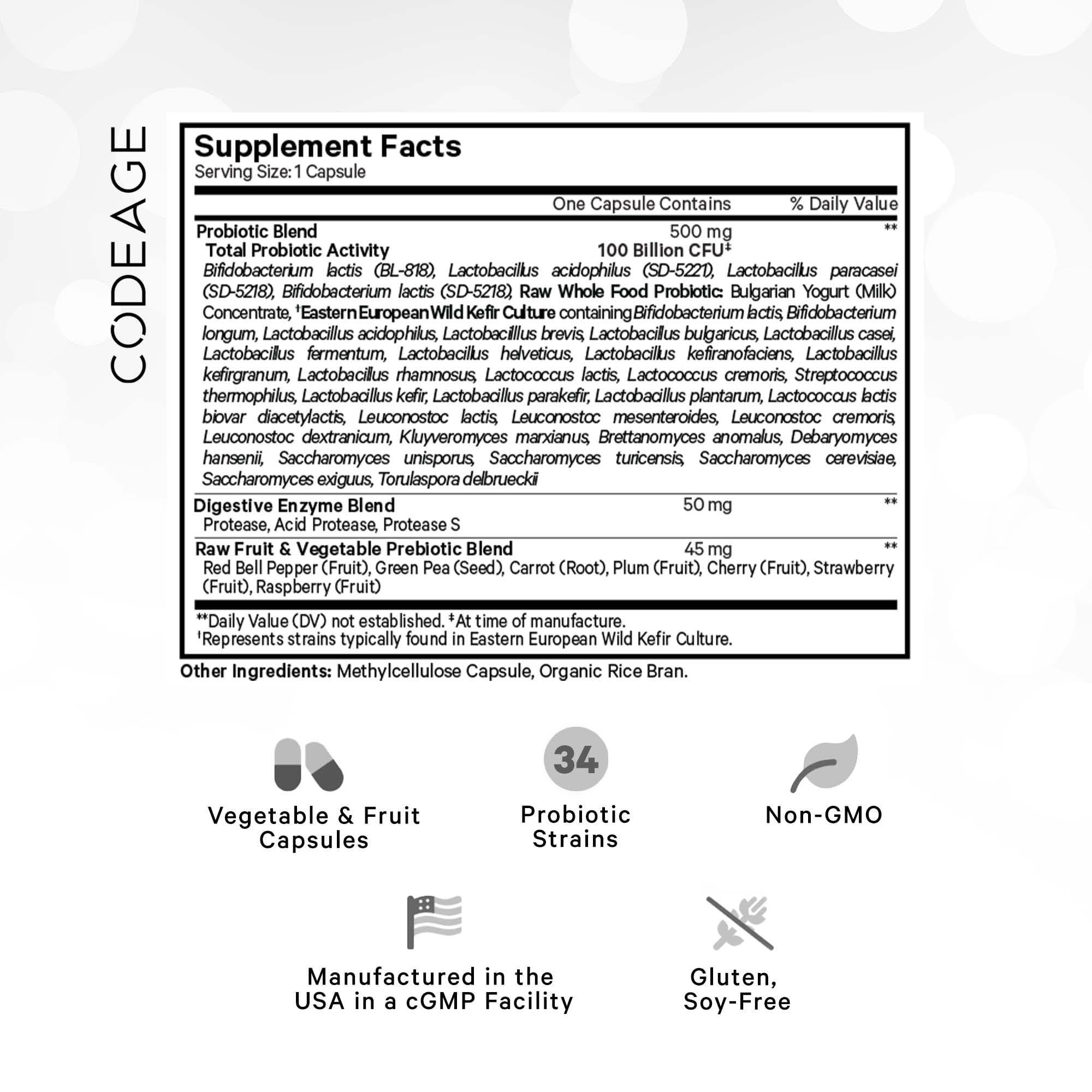 Codeage Codeage Raw Probiotic+ Supplement - 34 Probiotic Strains, 100 Billion CFUs, Raw Whole Food Probiotics, Digestive Enzymes, Raw Fruits & Veggies Prebiotics - Wild Kefir Culture - Non-GMO - 30 Capsules