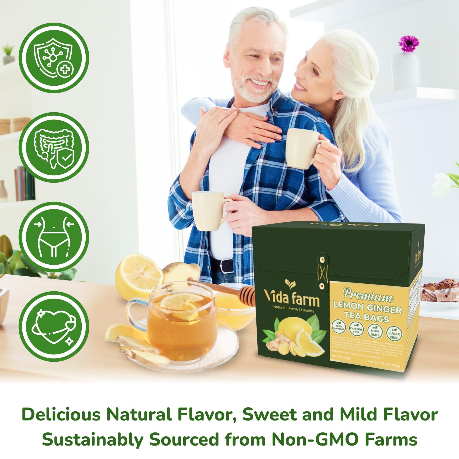 VIDA FARM VIDA FARM 100 Lemon Ginger Tea Bags, 100% Natural Ingredients - Warming & Spicy Blend, Caffeine Free, Sugar Free, Non-GMO, Lemon & Ginger Herbal Tea Beverage