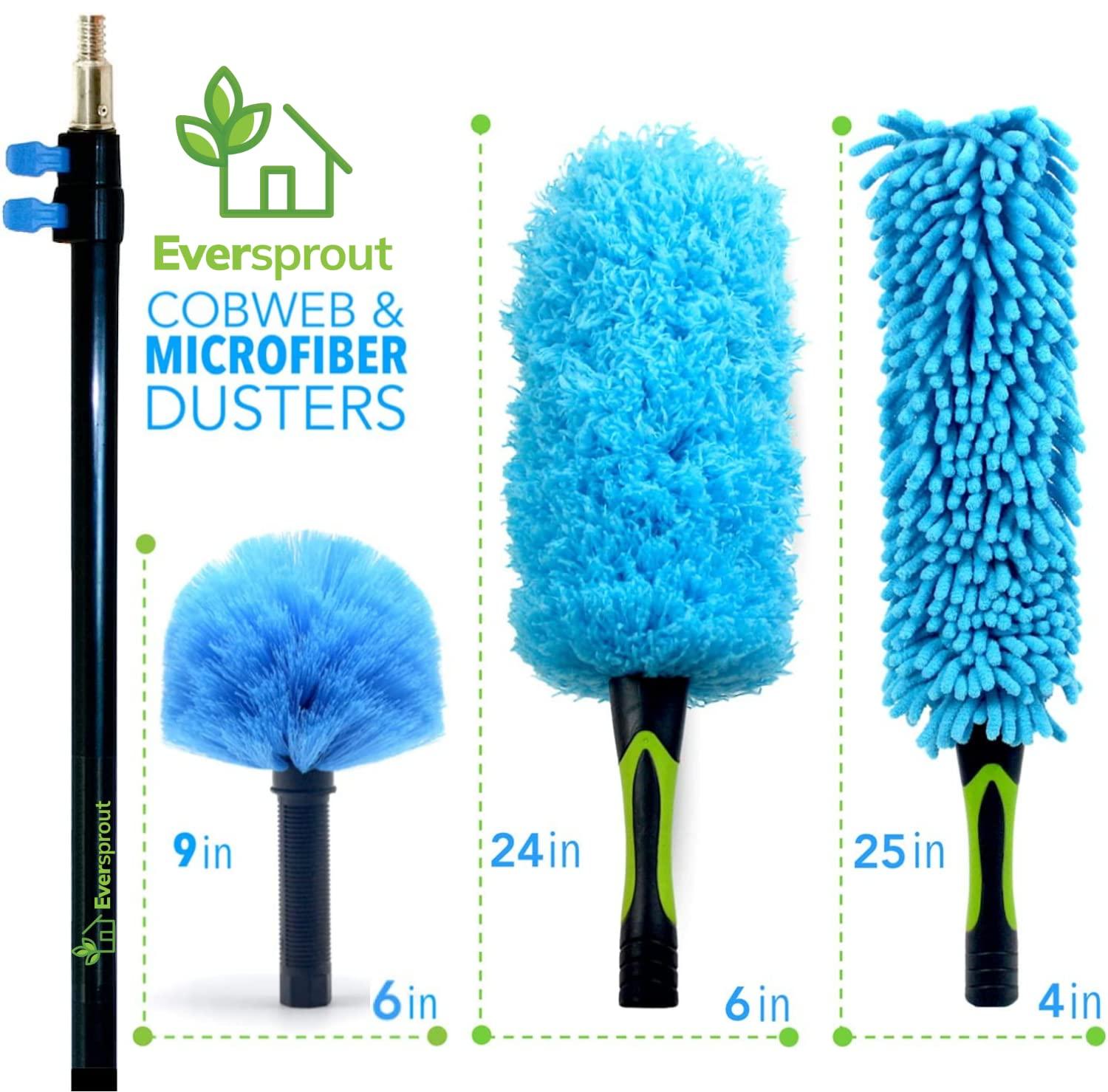 EVERSPROUT EVERSPROUT 1.5-to-3 Ft Duster 3-Pack with Extension-Pole (8-10 Ft Standing Reach) | Hand-Packaged Cobweb Duster, Microfiber Feather Duster, Flexible Microfiber Ceiling & Fan Duster | Telescopic Pole