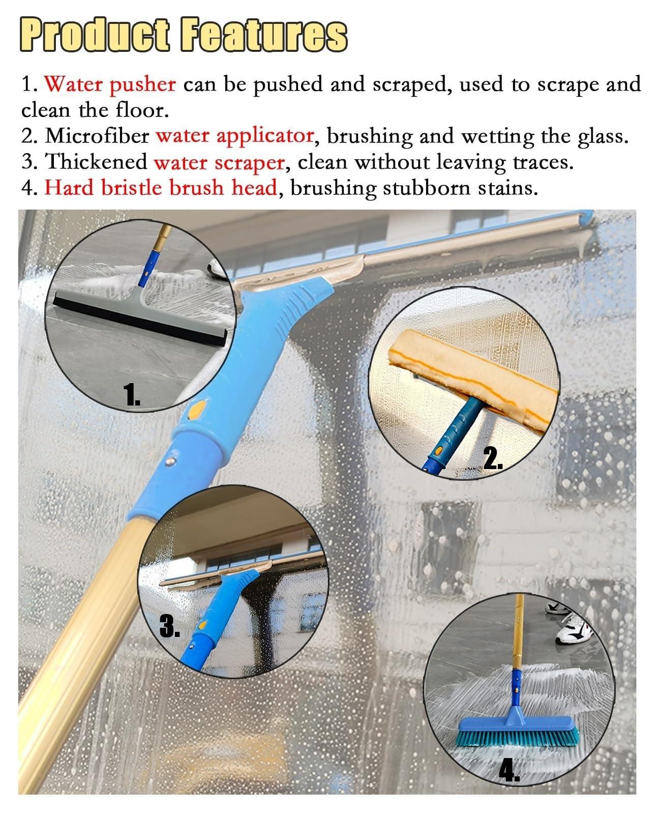 LONGWEISHOP Outdoor High Window Cleaning Kit, 4-in-1 Window Scrubber Kit, Aluminum Telescopic Pole Window Cleaner, Professional Window Wash Extendable Rod(4m/13.1ft)