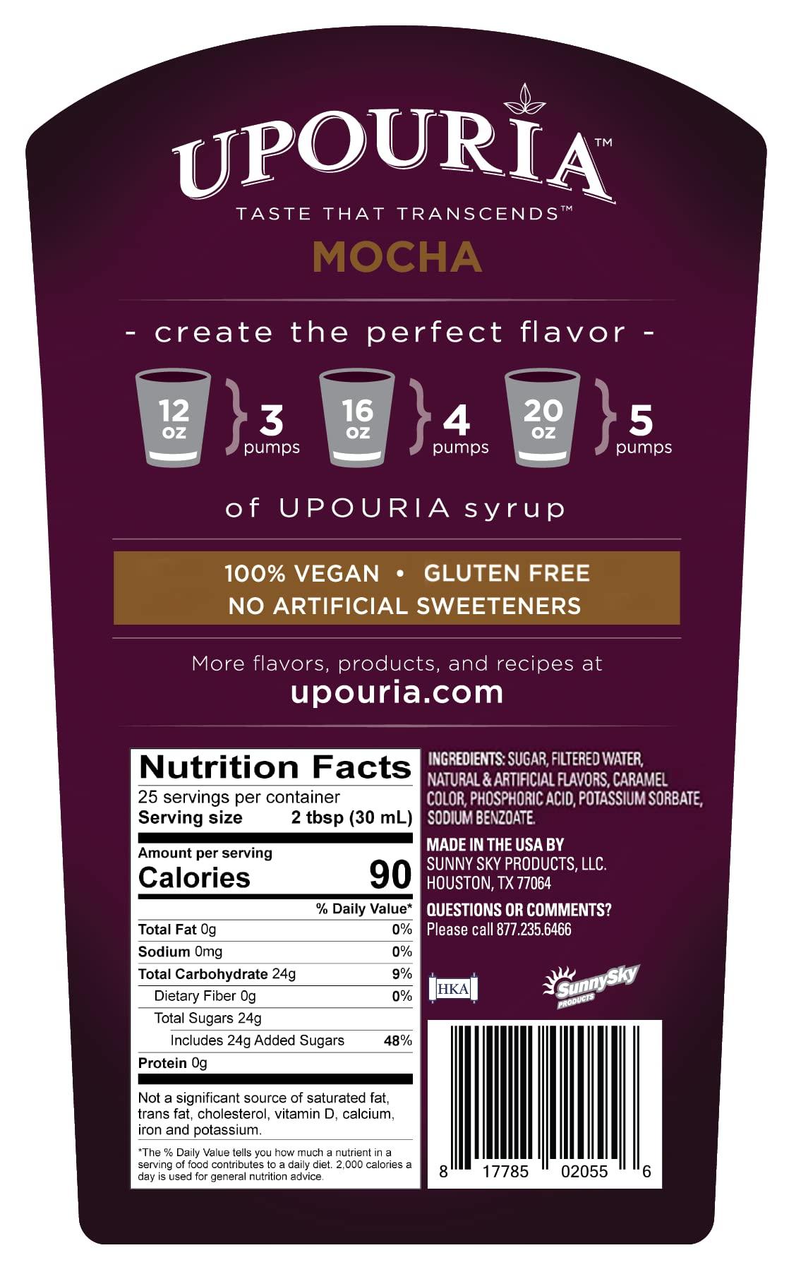 Sunny Sky Upouria Coffee & Tea Flavoring Syrup Variety Pack, French Vanilla, Mocha, Hazelnut, Caramel, 100% Vegan, Gluten Free, Kosher, 750 mL Bottle (Pack of 4)