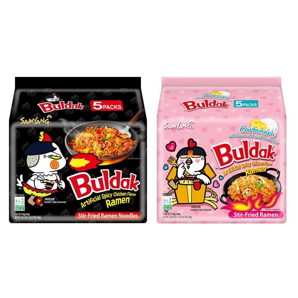 Samyang Samyang Buldak Hot Spicy Chicken Ramen Noodle Korean Stir-Fried Ramen, Original 4.94 OZ(140g) & Carbonara Flavor 4.58OZ(130g), 5 Pack for Each Flavor