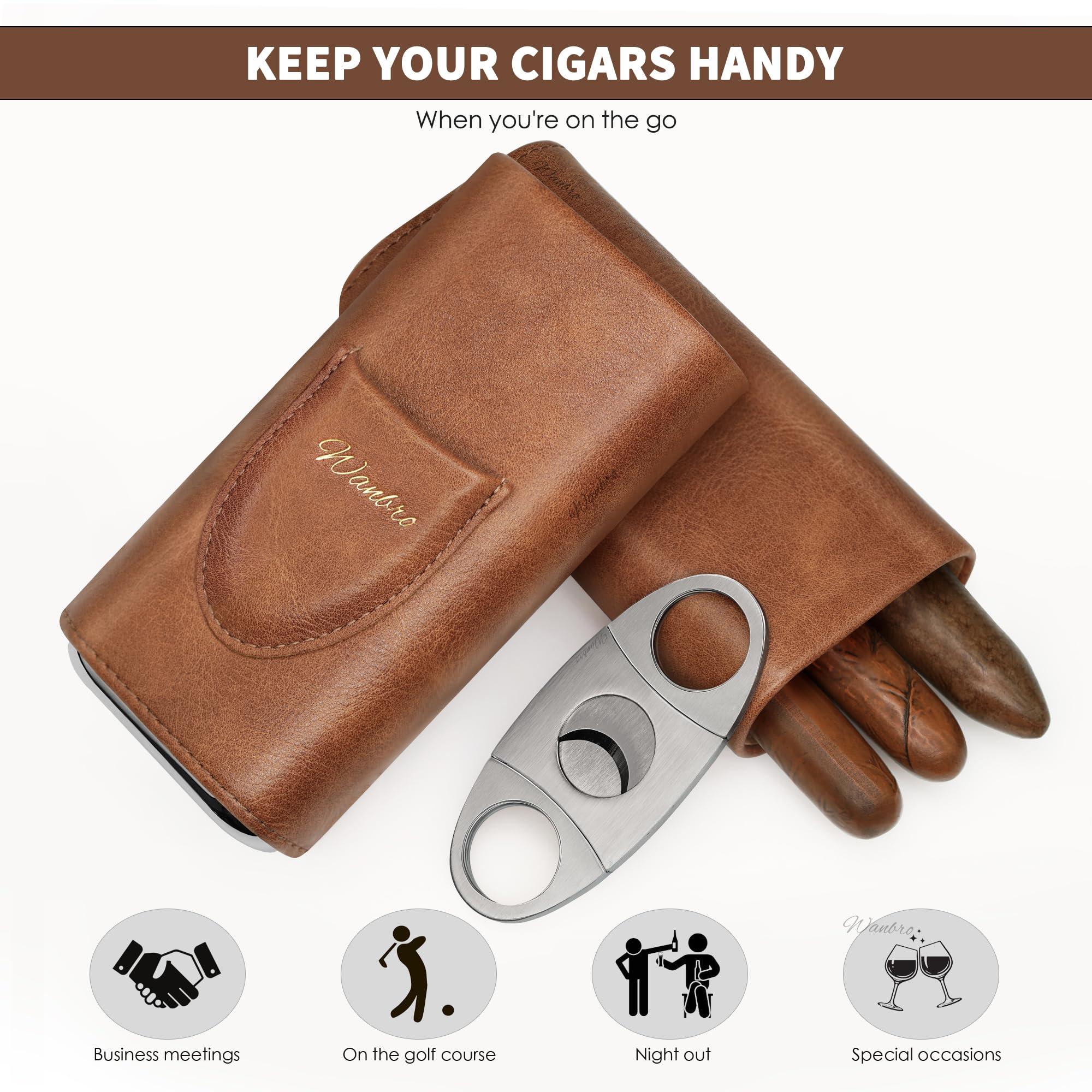wanbro wanbro Cigar Case, 3pcs Holder, Cigars Travel Case, Cedar Lined, Leather Made Cigar Humidor with Stainless Cutter, Christmas gift for men dad