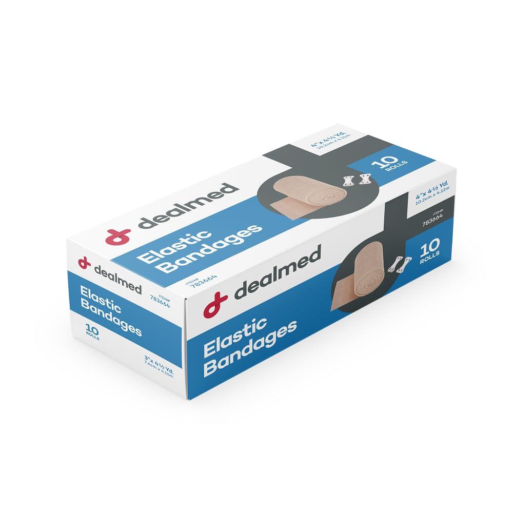 Dealmed Dealmed 4\" Elastic Bandage Wrap with Clip Closure 50 Elastic Bandages, 4.5 Yards Stretched Compression Bandage Wrap, Wound Care Product for First Aid Kit and Medical Facilities
