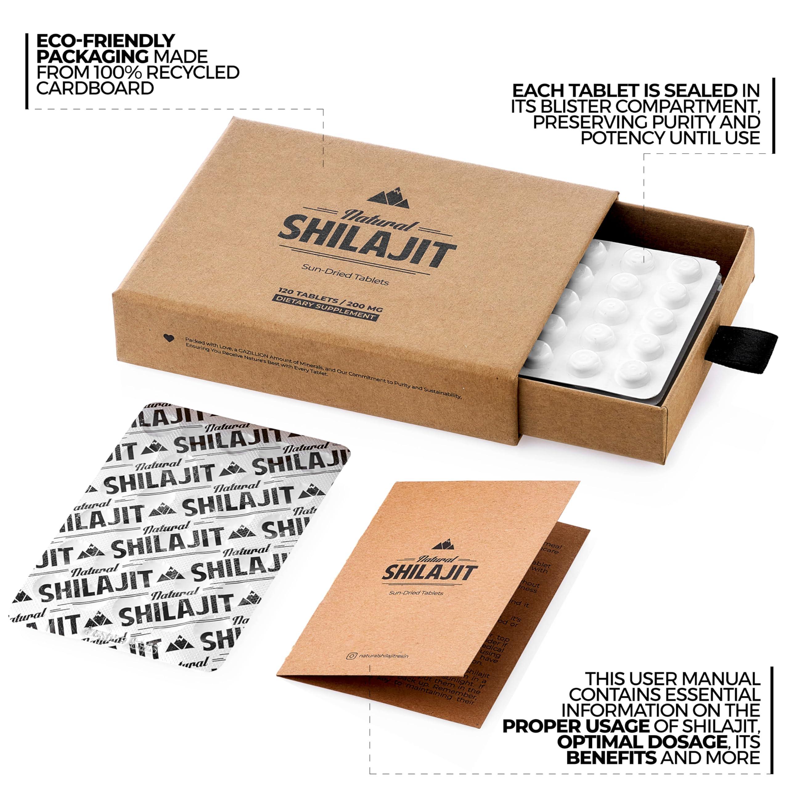 NATURAL SHILAJIT Natural Shilajit Tablets - 120 Count, Sun Dried 100% Pure Shilajit for Men & Women with Fulvic Acid & 85+ Essential Trace Minerals for Peak Physical & Mental Performance, Immune Health & Detox