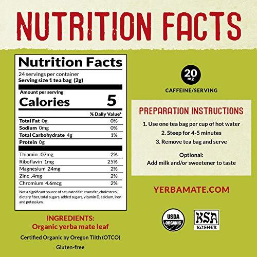 ECOTEAS ECOTEAS Organic Unsmoked Yerba Mate Tea Bags - 24 Count, 1.7 Oz - Organic Detox Tea - Hi Caf Tea - Clean Yerba Mate Energy Burst - Ecoteas Yerba Mate