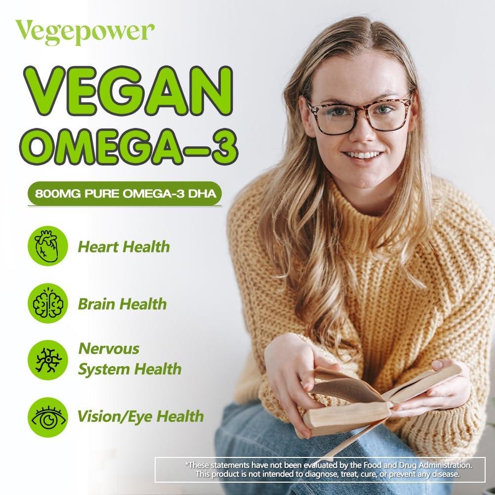 VEGEPOWER Vegan Omega-3 Algae DHA Supplements - 2000mg Algae Oil, Plant-Based Prenatal Algal DHA, 90 Carrageenan Free Softgels -Sustainable Fish Oil Alternative Supports Brain, Heart, Eyes, Joint Health