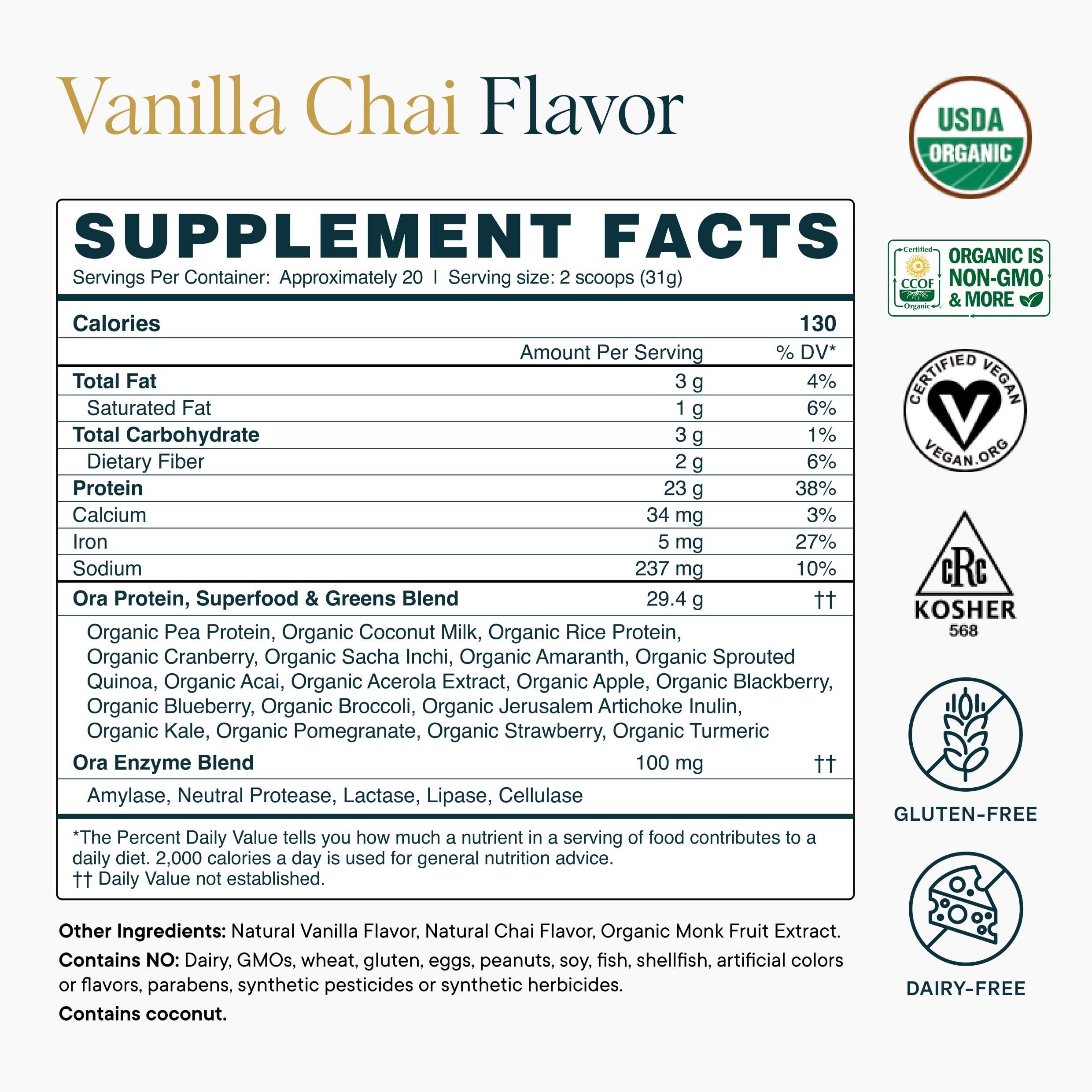 Ora Organic Ora Organic Vegan Protein Powder - 21g Plant Based Protein Powder for Women and Men | Clean Protein Source, Keto Friendly, Gluten Free, Paleo, Dairy-Free, Gluten-Free, Soy-Free (Vanilla Chai)