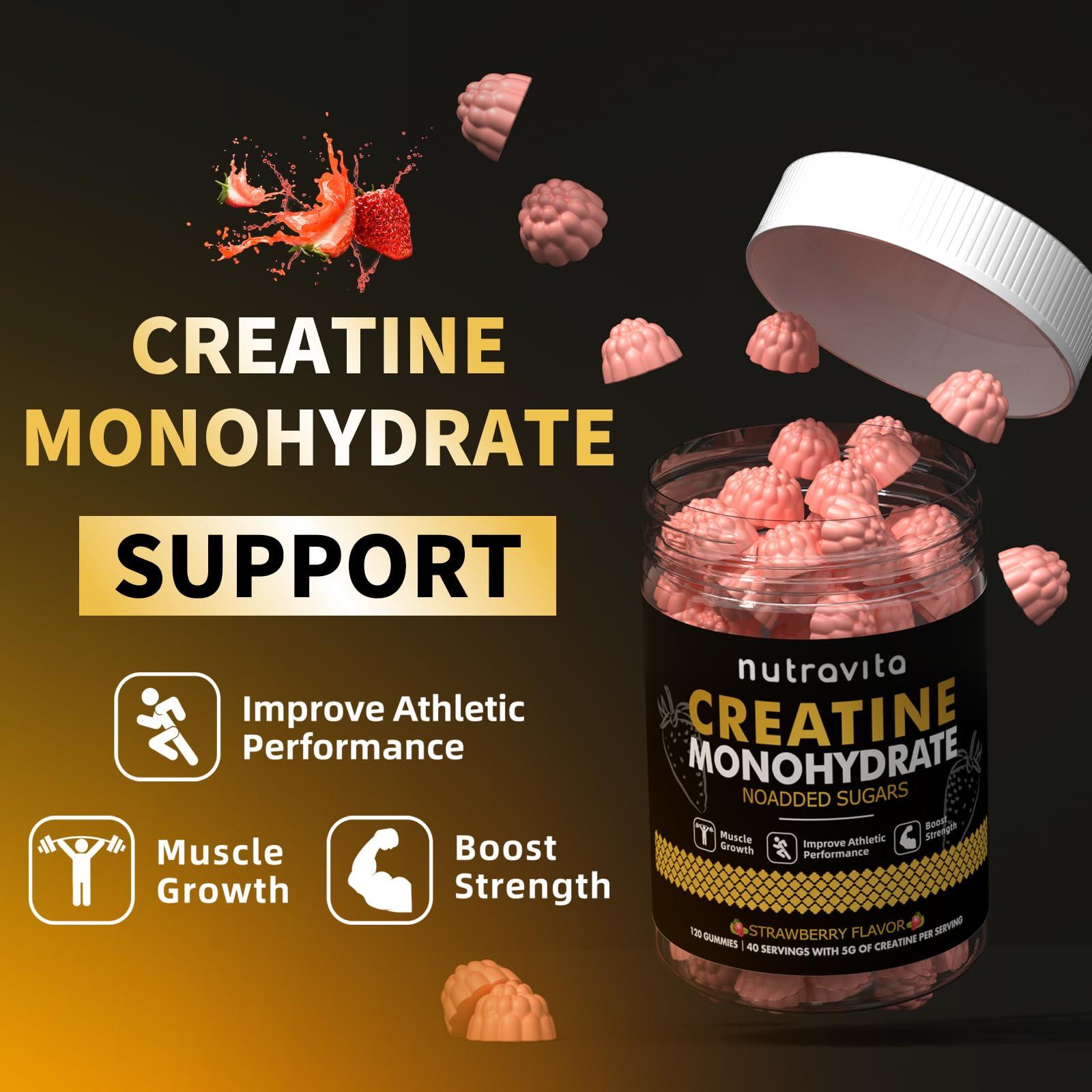 Nutravita Nutravita Creatine Monohydrate Gummies for Men & Women-5g of Creatine Monohydrate per Serving - Sugar Free,Vegan, Strawberry Flavor, 120 Count