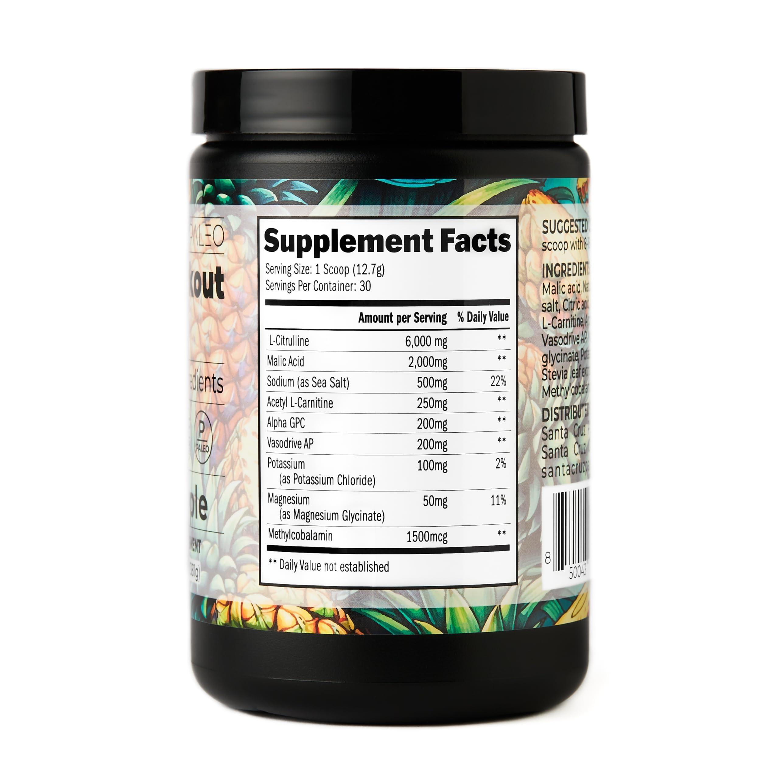 Santa Cruz Paleo Santa Cruz Paleo Pre Workout Powder Electrolytes, Magnesium, Potassium, Sea Salt & L Citrulline, Caffeine & Sugar Free Preworkout Drink Mix for Energy & Hydration, Pineapple Flavor, 30 Servings