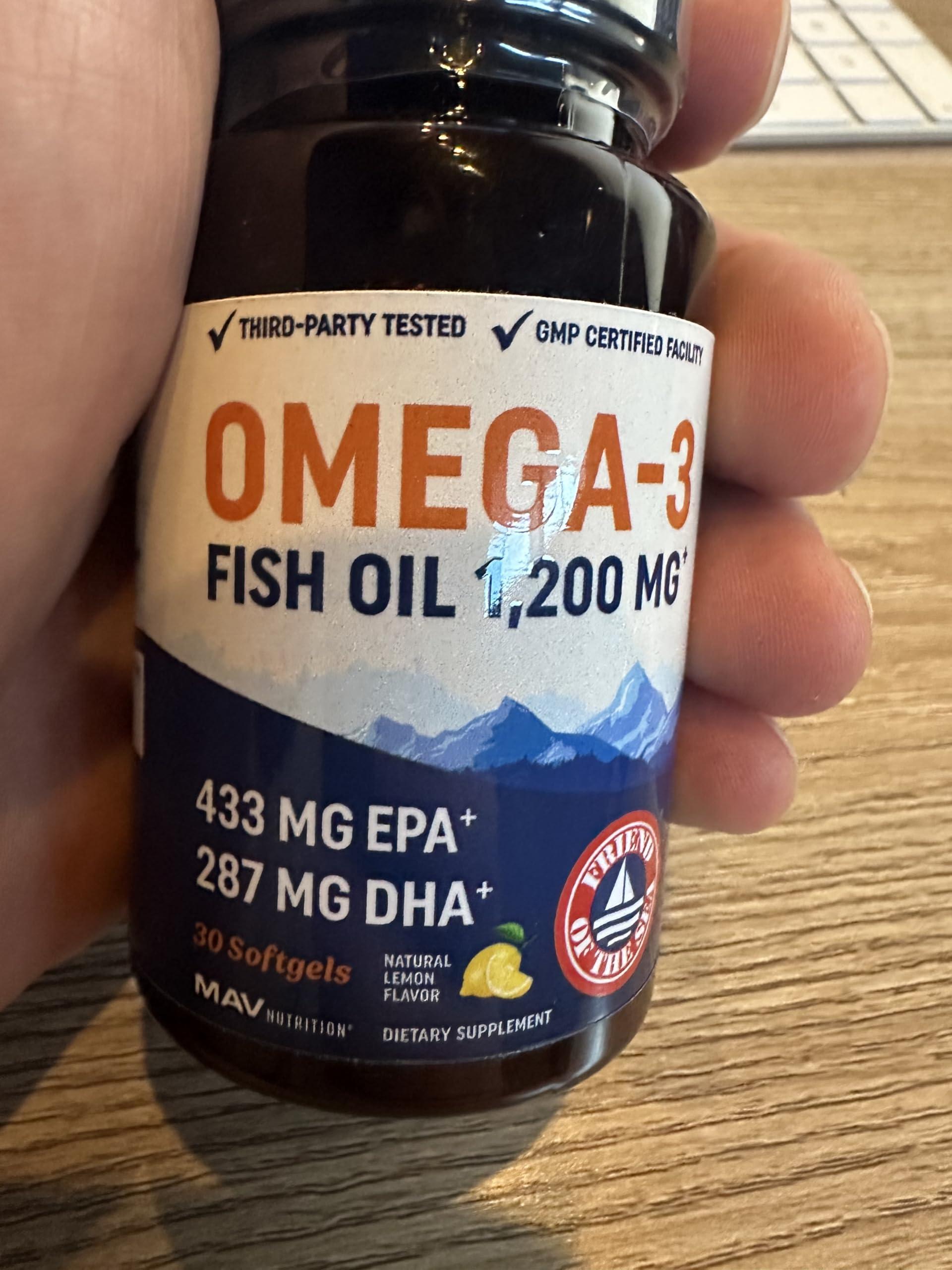 MAV NUTRITION Triple Strength Omega 3 Fish Oil 1200 mg | EPA & DHA | Wild Caught, Sustainably Sourced Omega-3 Fatty Acids | Premium Burpless Fish Oil Supplements | Non-GMO, Third-Party Tested | 30 Softgels