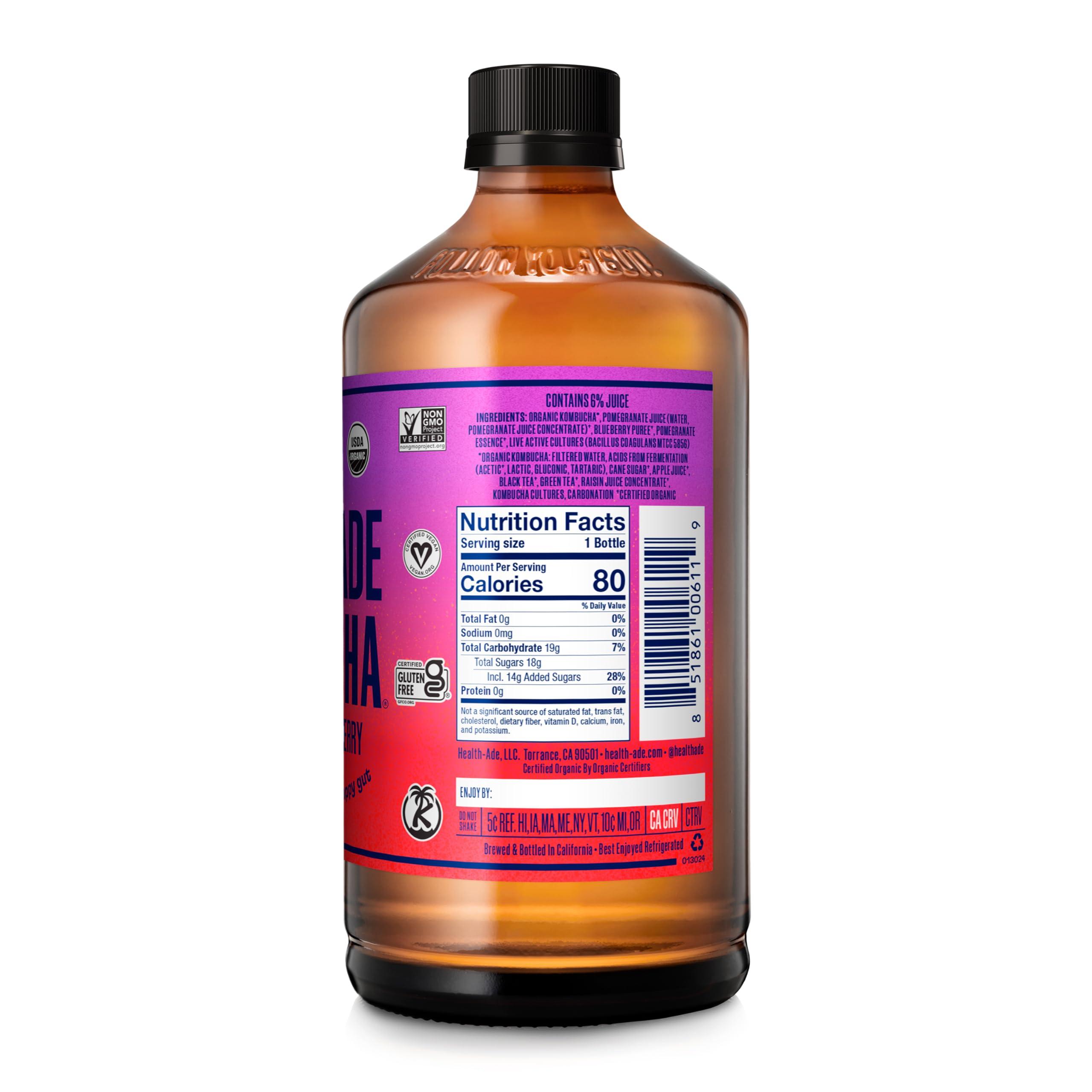 Health-Ade Health-Ade Kombucha Tea Organic Drink, Fermented Tea with Living Probiotics, Detoxifying Acids, Supports Gut Health, Non-GMO, Vegan, Gluten Free, 12 Pack (16 Fl Oz Bottles), Pomegranate Blueberry