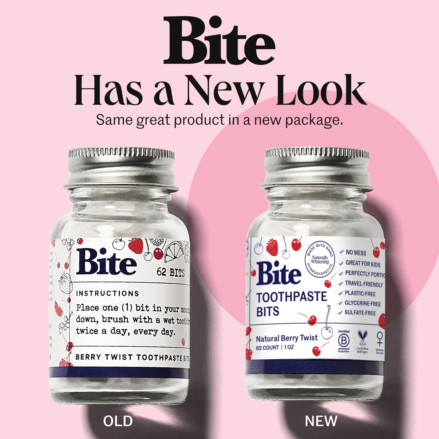 Bite Bite Whitening Toothpaste Tablets Nano Hydroxyapatite & Xylitol (Berry Twist) | Sensitive Teeth & Kid-Friendly | No Fluoride, Vegan, Cruelty-Free | Travel-Size | 2 Bottles (124 Bits) | Made in USA