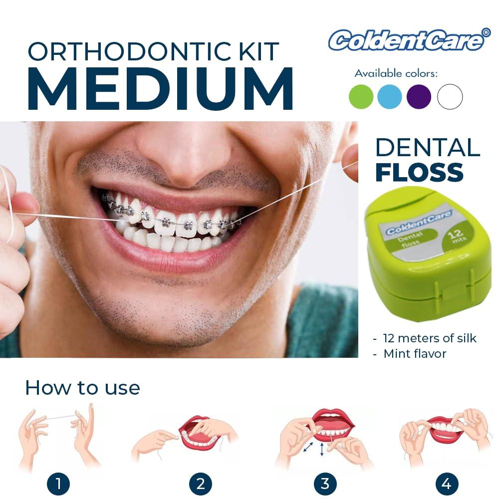 ColdentCare Braces Cleaning Kit for Teeth, Portable Orthodontic Toothbrush Kit Oral Care Dental Travel - 2 Interdental Brush, 5 Bars of Wax, 1 Dental Floss 12m, 13 Dental Floss Threader Multipurpose case (Green)