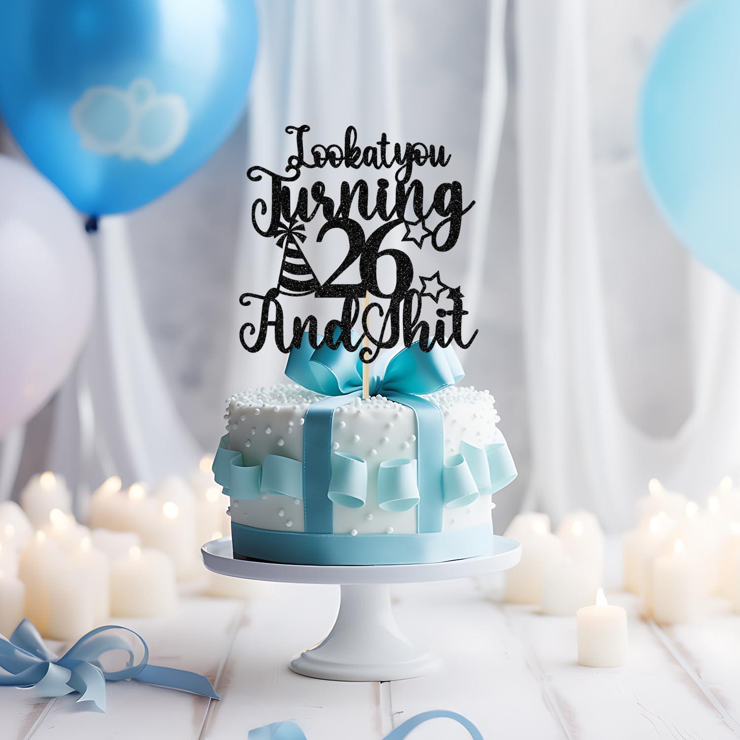 Bytorjar Happy 26th Birthday Cake Topper, 26th Birthday Cake Decor, Cheers to 26 Years, Hello 26, Funny 26th Birthday Party Decorations, Black Glitter