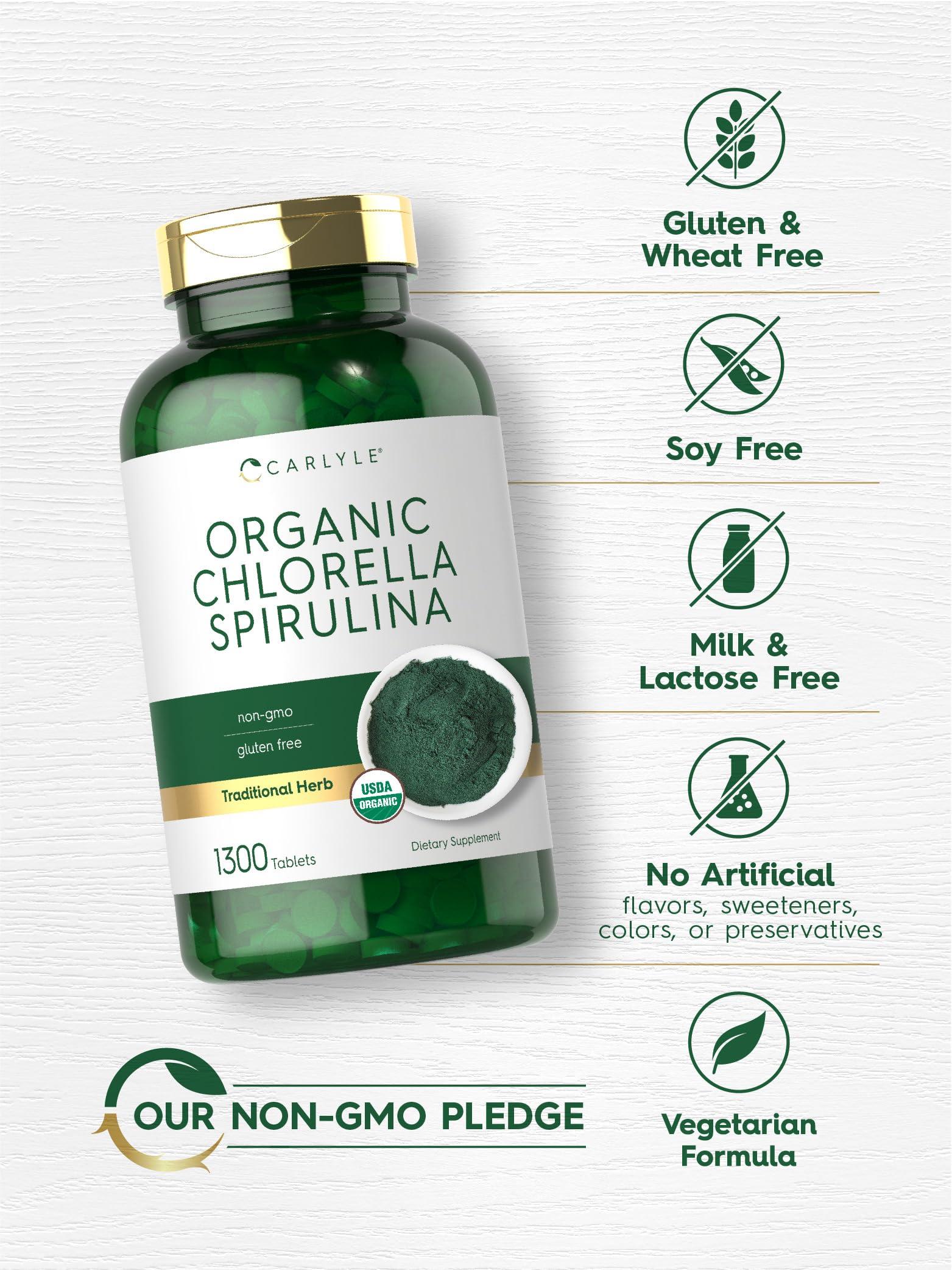 Carlyle Carlyle Organic Chlorella Spirulina Tablets | 1300 Count | 50/50 Blend | Non-GMO and Gluten Free Supplement