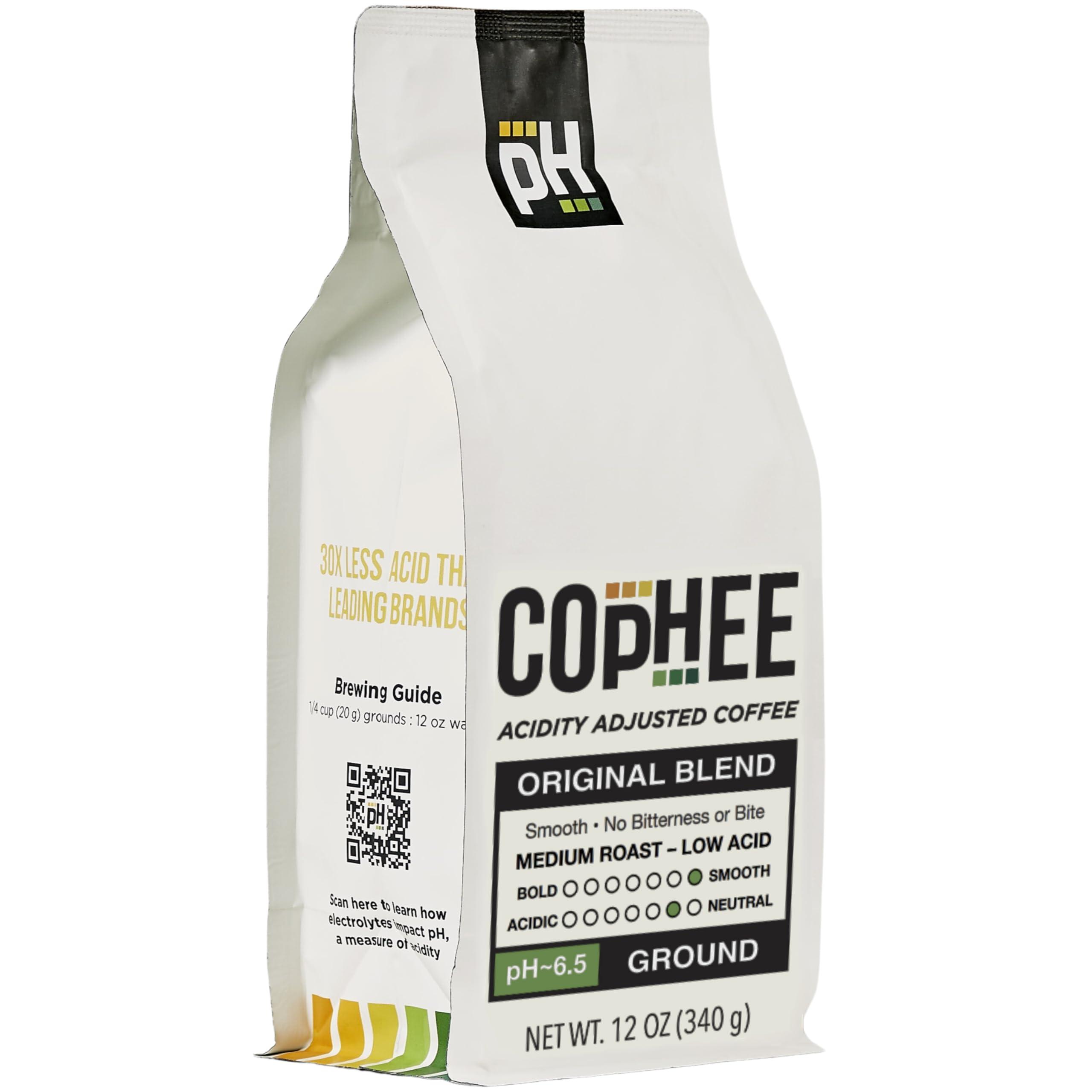 COpHEE Electrolyte Infused Low Acid Coffee by COpHEE - Ground Medium Roast - Smooth Non-GMO Arabica Coffee - Designed for Sensitive Stomachs, Acid Reflux, and Heartburn - Original Blend 12 oz bag