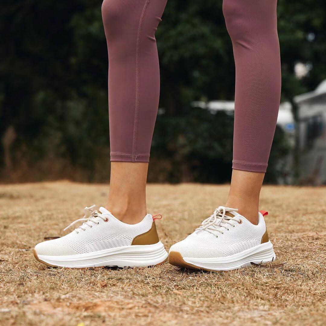 OrthoComfoot Women\'s Orthopedic Walking Shoes with Arch Support: Comfortable Orthotic Running Sneakers for Plantar Fasciitis, Supportive Trip Sneakers with Eva Elastic Thick Sole Beige Size 8