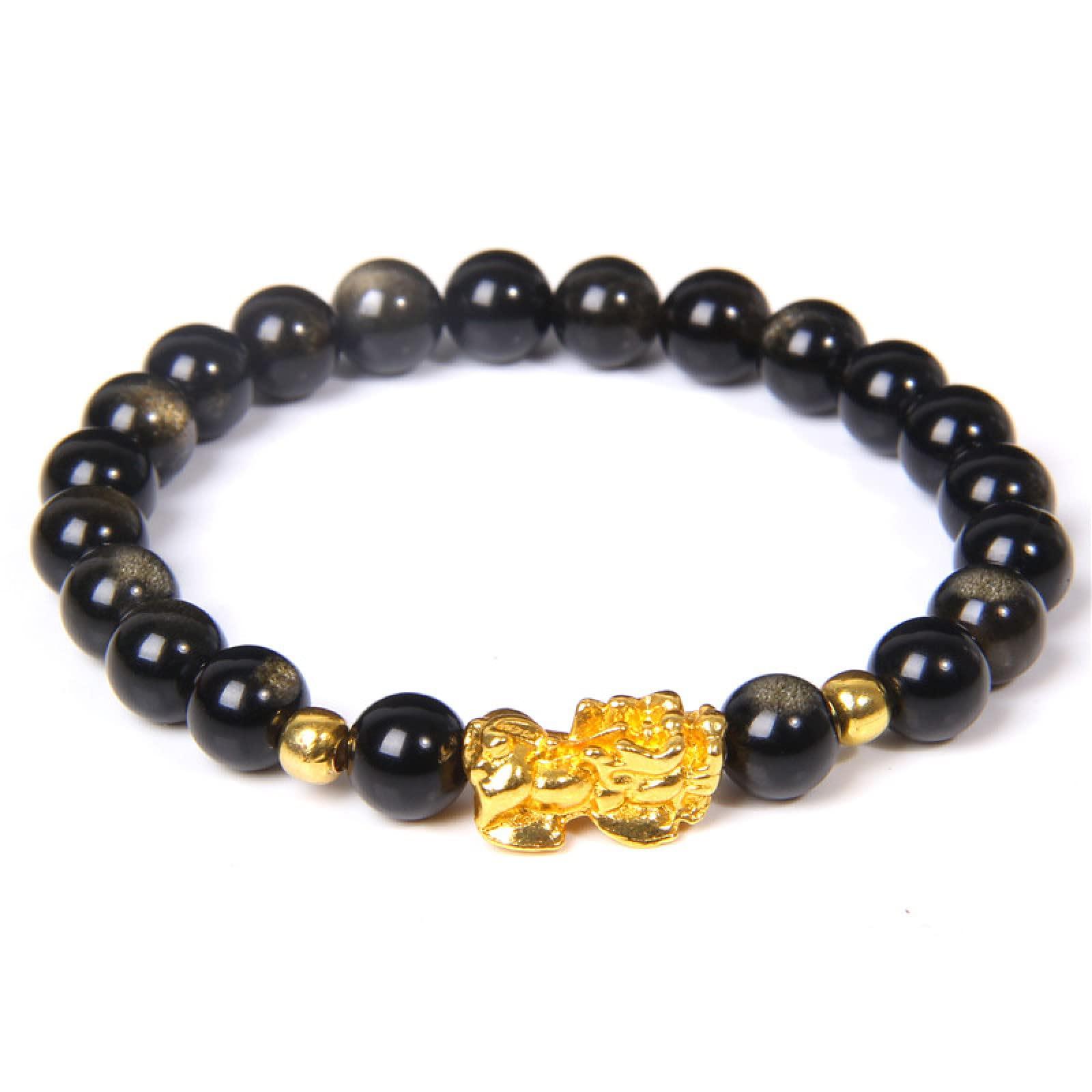 MYMEO Fengshui Pixiu Bracelet Natural Obsidian Stone Beads Bracelets for Women Men Wealth Good Luck Buddha Unisex Wristband Jewelry,Gold Obsidian (8mm),19cm