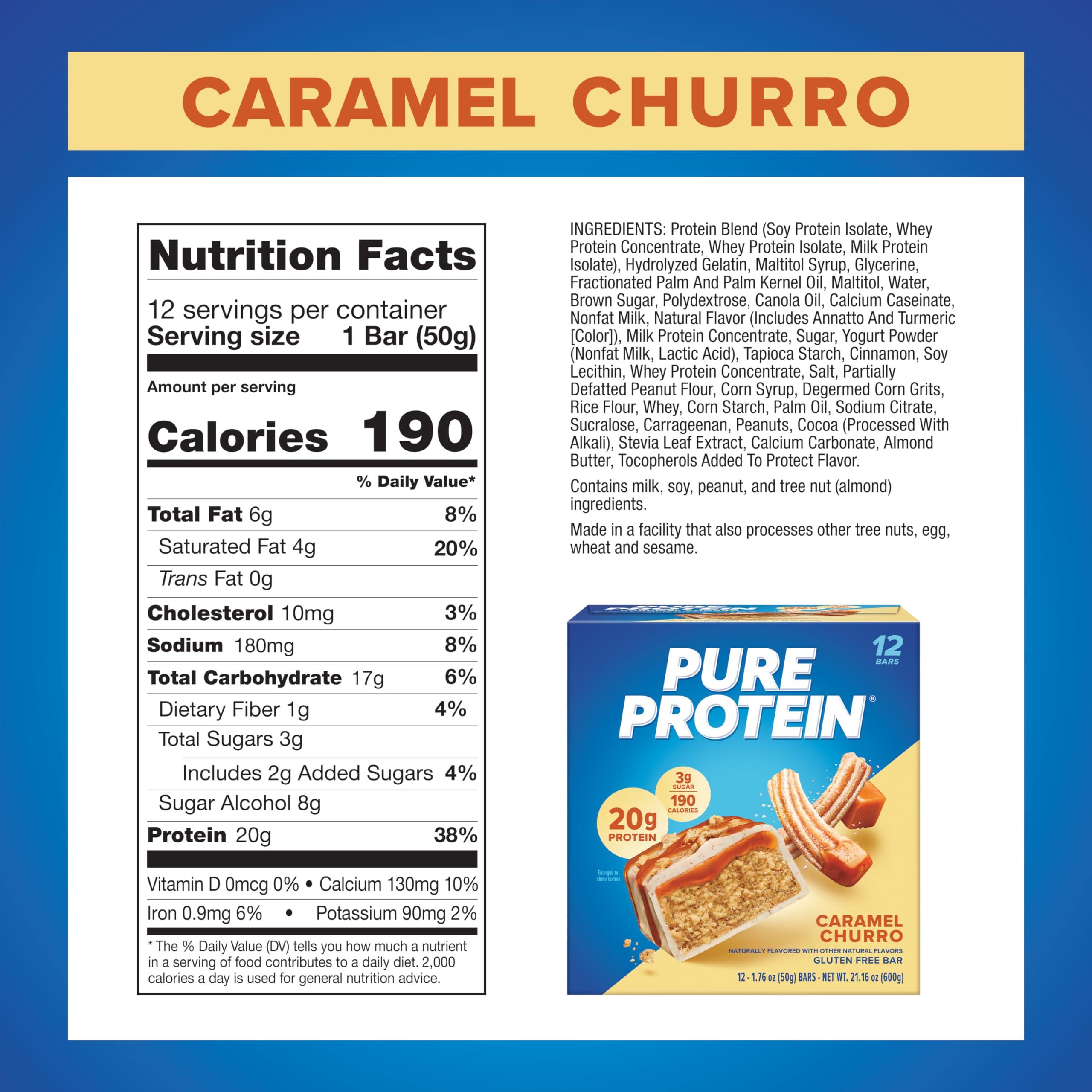 Pure Protein Pure Protein Bars, Caramel Churro, High Protein, Low Sugar, Gluten Free, Nutritious Snack, 1.76oz, Pack of 12