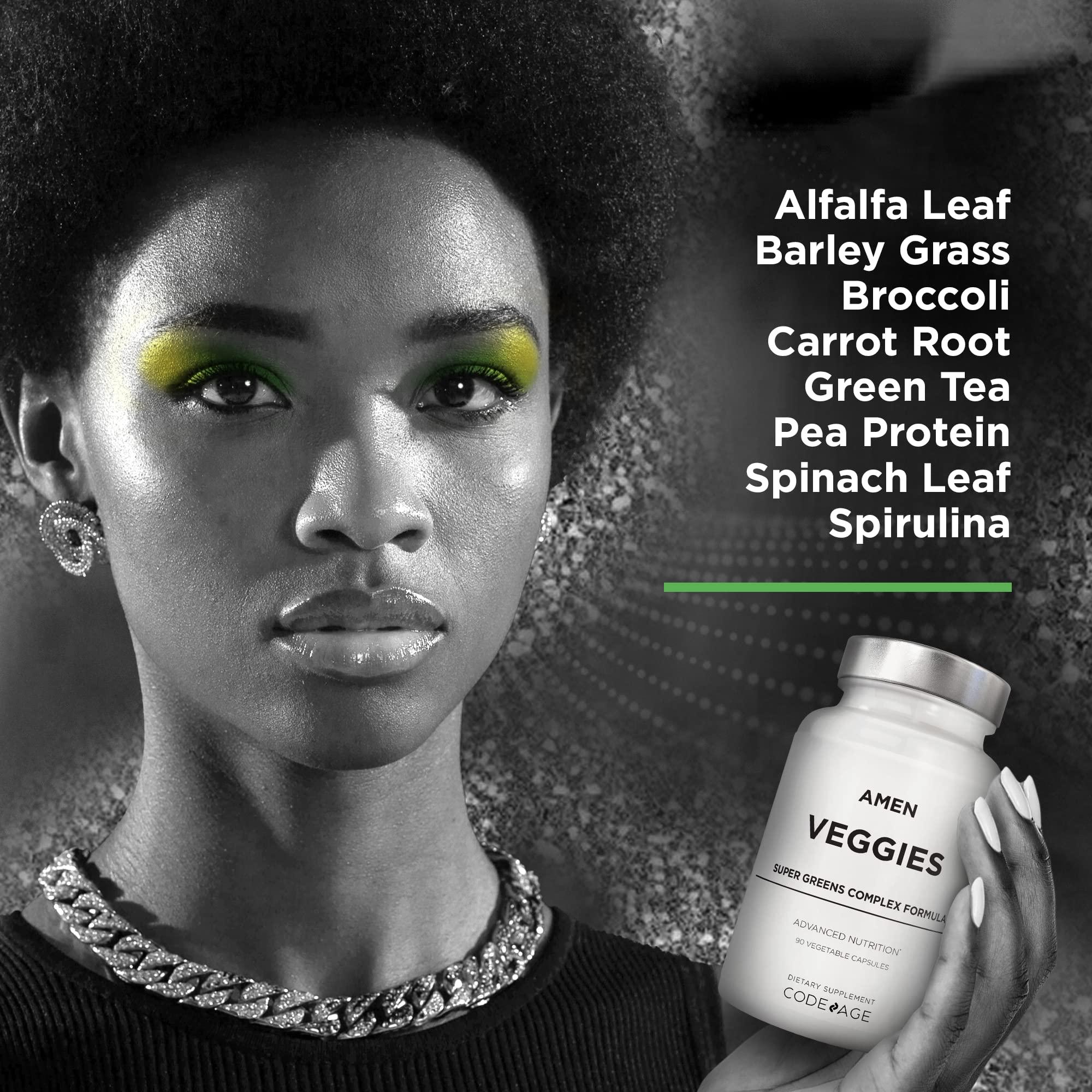Amen Amen Veggies, Daily Veggies Vitamins Supplement, Vegetables Vegan Blend & Whole-Food Raw Greens Multivitamin Capsules, Mushroom Complex, Superfood, Minerals, Green Vegetable Nutrients, Non-GMO, 90 ct