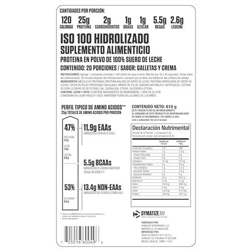 Dymatize Dymatize ISO100 Hydrolyzed Protein Powder, 100% Whey Isolate Protein, 25g of Protein, 5.5g BCAAs, Gluten Free, Fast Absorbing, Easy Digesting, Cookies and Cream, 20 Servings