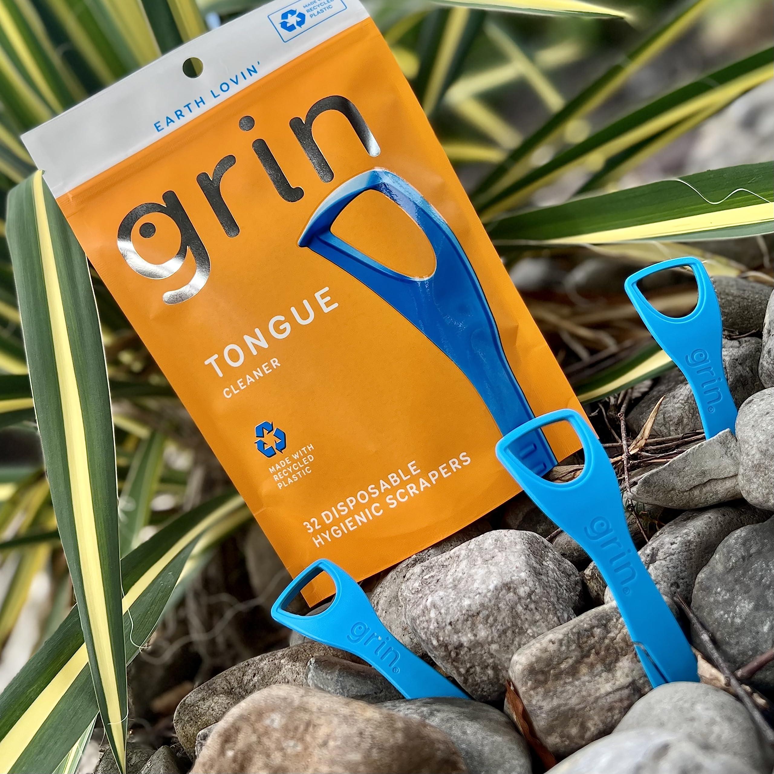 Grin GRIN Tongue Cleaner, 32 Count, Disposable Tongue Cleaner, Hygienic Scraper, Recycled Plastic, Clean Tongue, Promote Fresh Breath, Includes Safe Fold- Back Tooth Pick