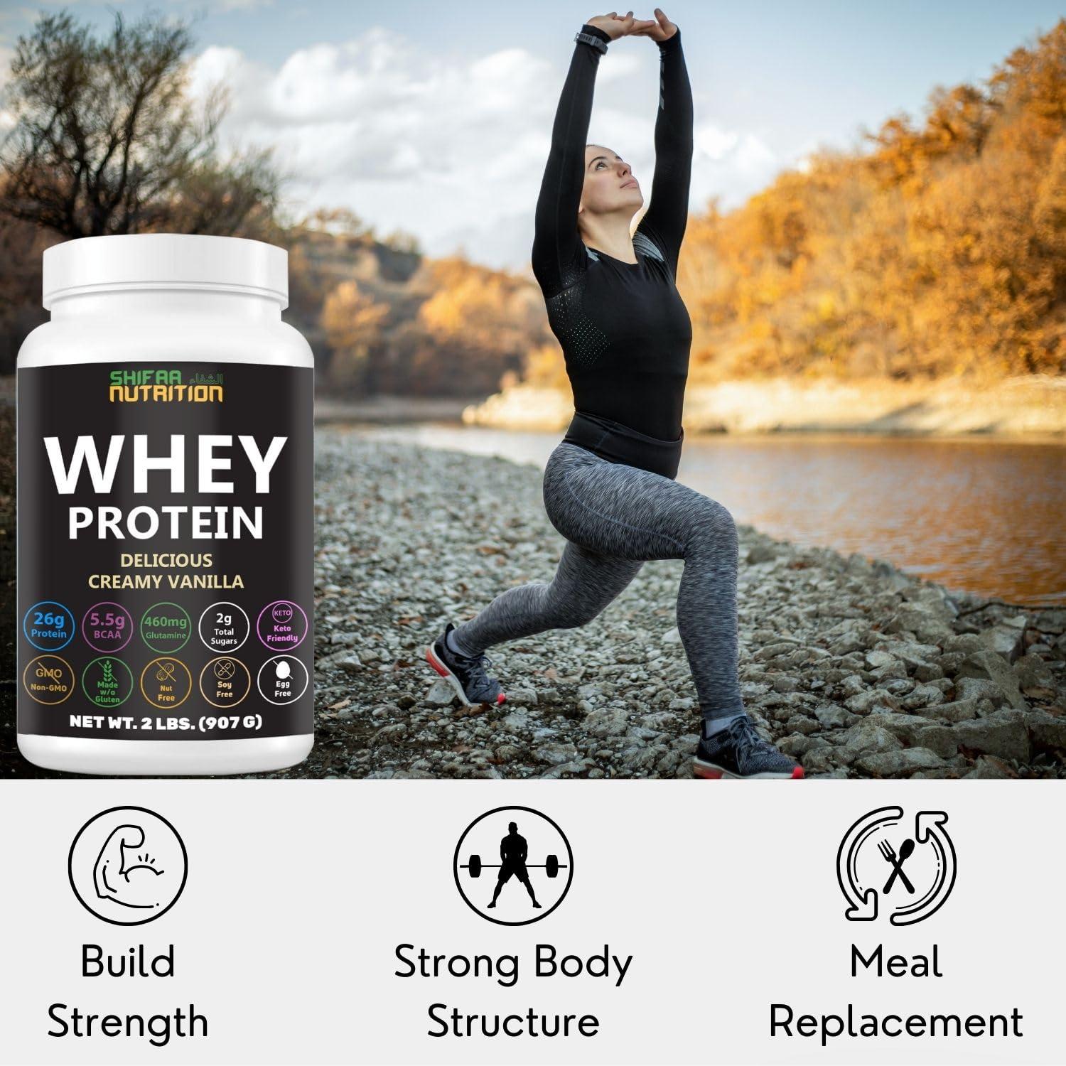 SHIFAA NUTRITION SHIFAA NUTRITION Delicious Creamy Vanilla Halal Whey Protein Powder 2Lbs | 26g Protein, 5500mg BCAAs, and 460mg Glutamine | for Recovery & Lean Muscles | Gluten-Free | Non-GMO | Keto-Friendly