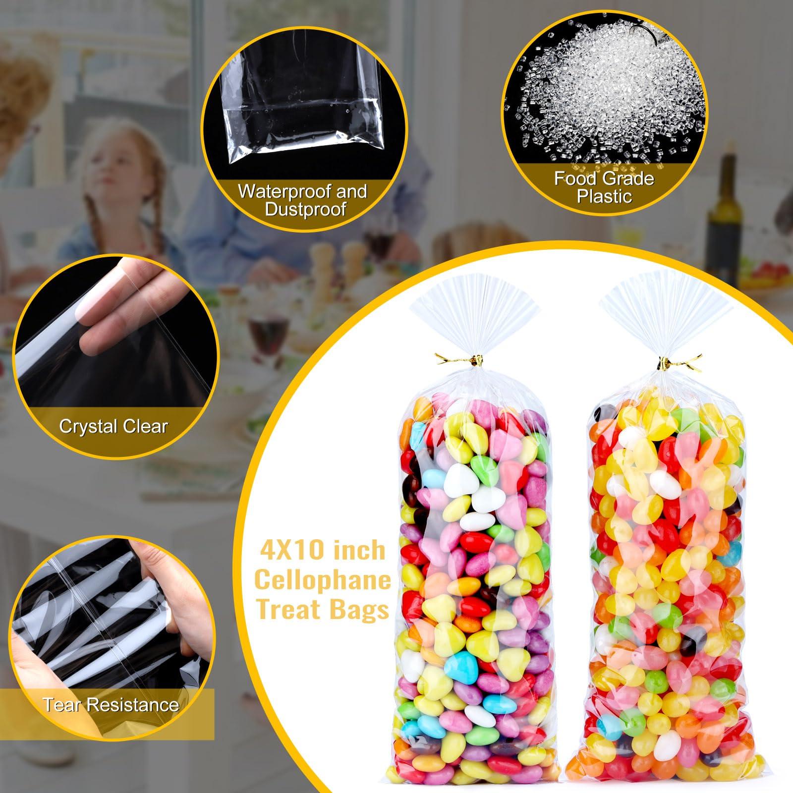 MORIDA MORIDA 200pcs 4X10 inch Cellophane Bags Cellophane Treat Bags Clear Gift Bags Cake Pop Bags Candy Bags Cello Bags for Party Favors Goodie Favor Bakery Cookie with 5\" Twist Ties